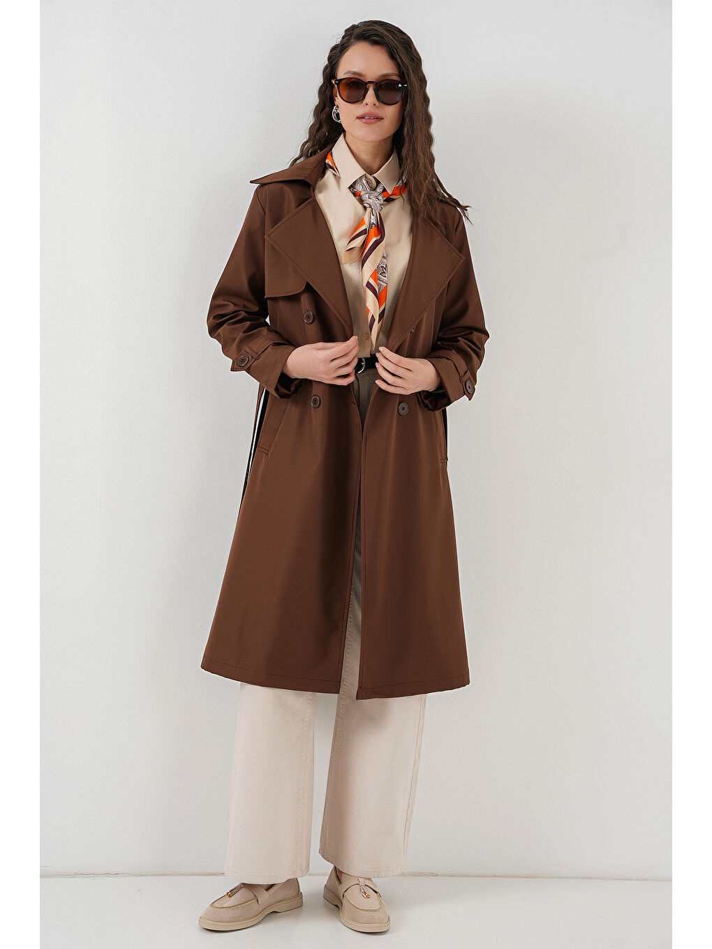 5918 Kruvaze Yaka Trençkot - Kahverengi-3