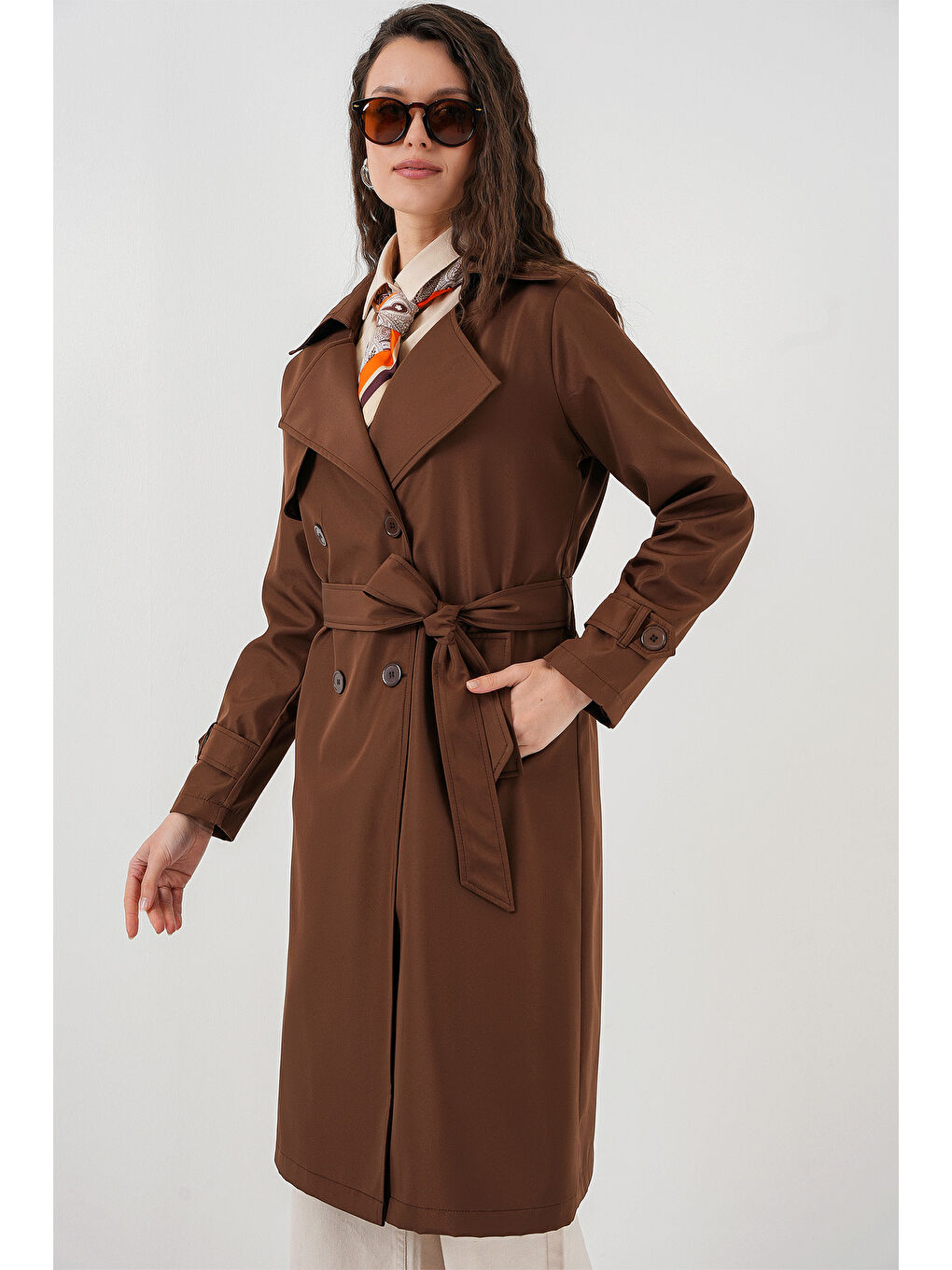 5918 Kruvaze Yaka Trençkot - Kahverengi-6