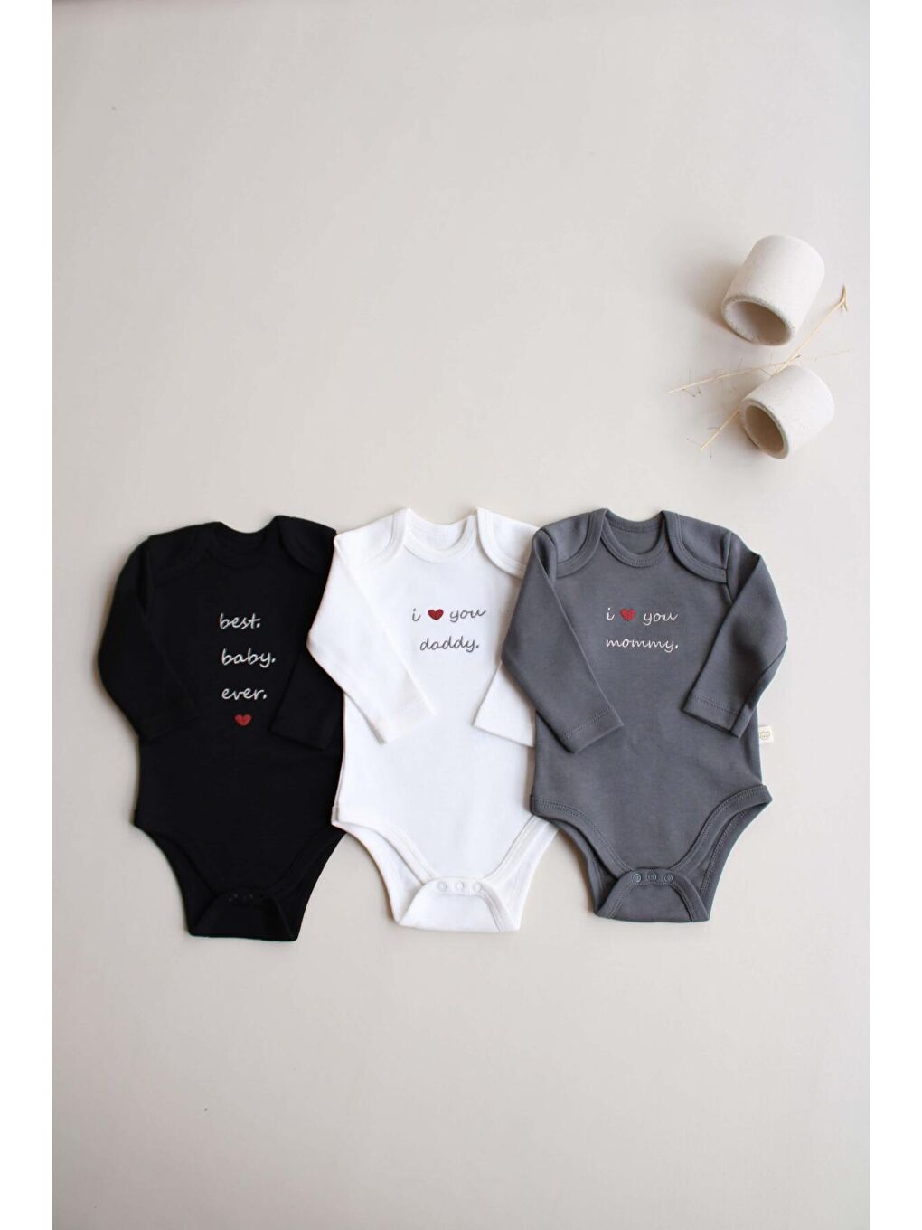 Siyah 3lü Nakışlı Çıt Çıtlı Uzun Kollu Body Zıbın Set Model 7-1