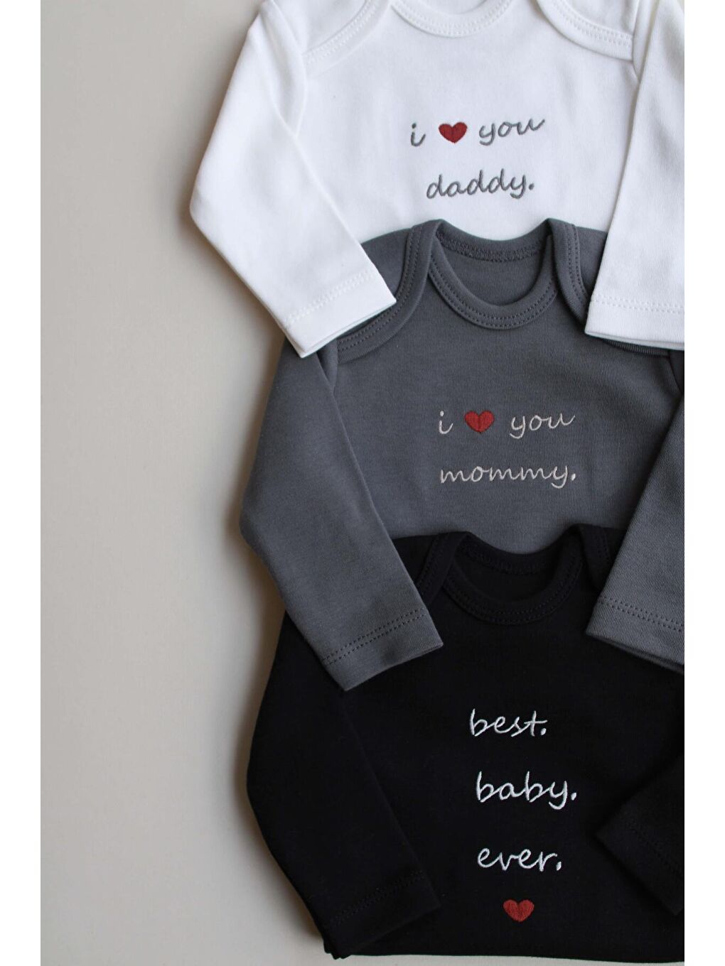 Siyah 3lü Nakışlı Çıt Çıtlı Uzun Kollu Body Zıbın Set Model 7-4