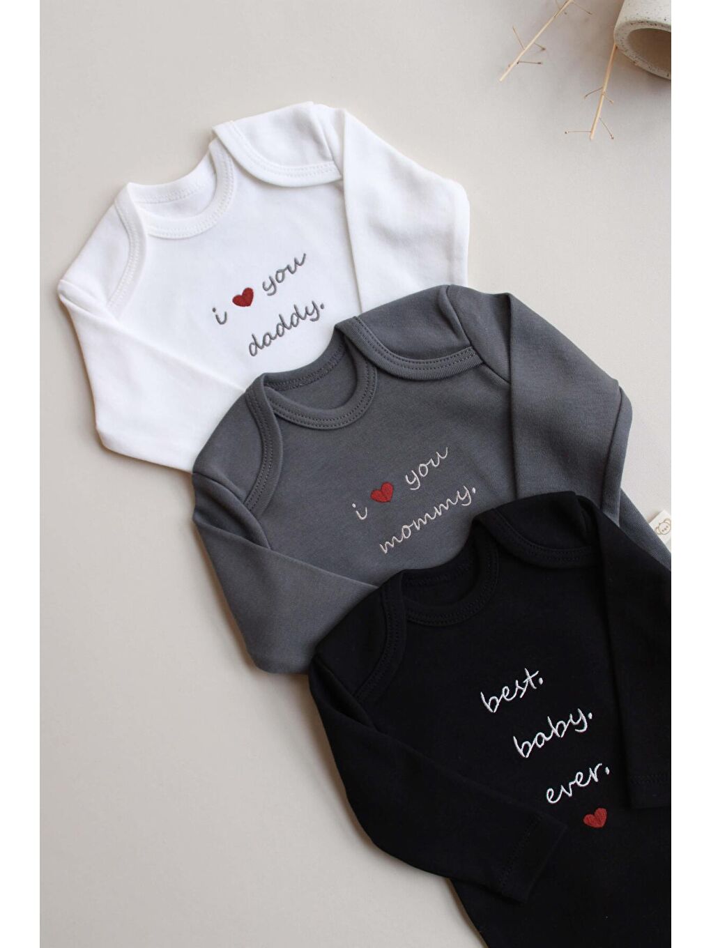 Siyah 3lü Nakışlı Çıt Çıtlı Uzun Kollu Body Zıbın Set Model 7-7