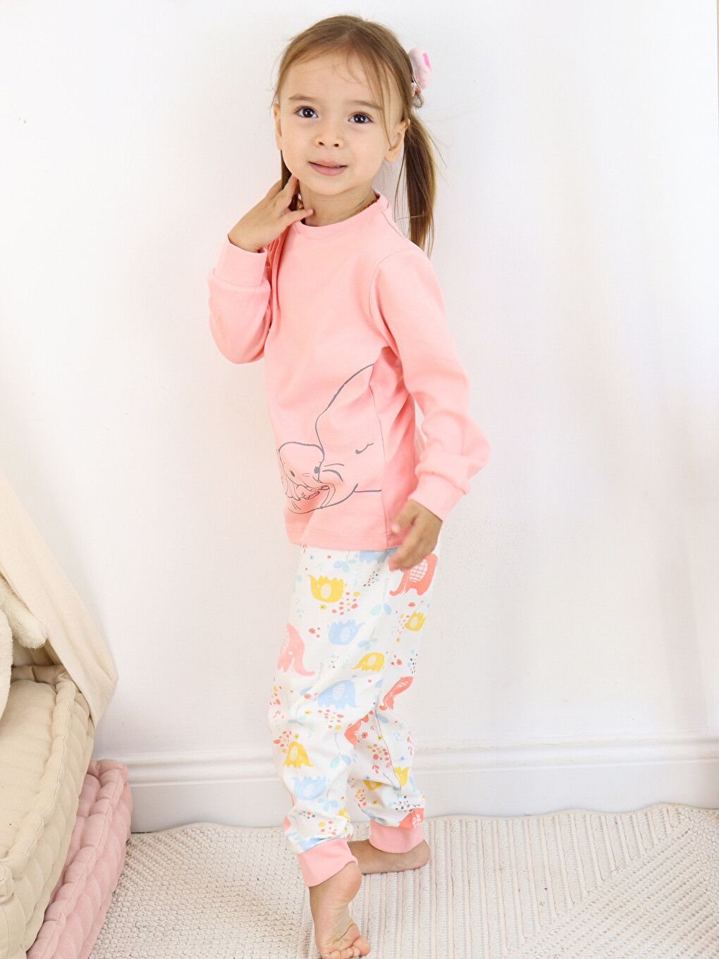 Pembe Bisiklet Yaka Uzun Kollu Kız Bebek Pijama Takımı-1