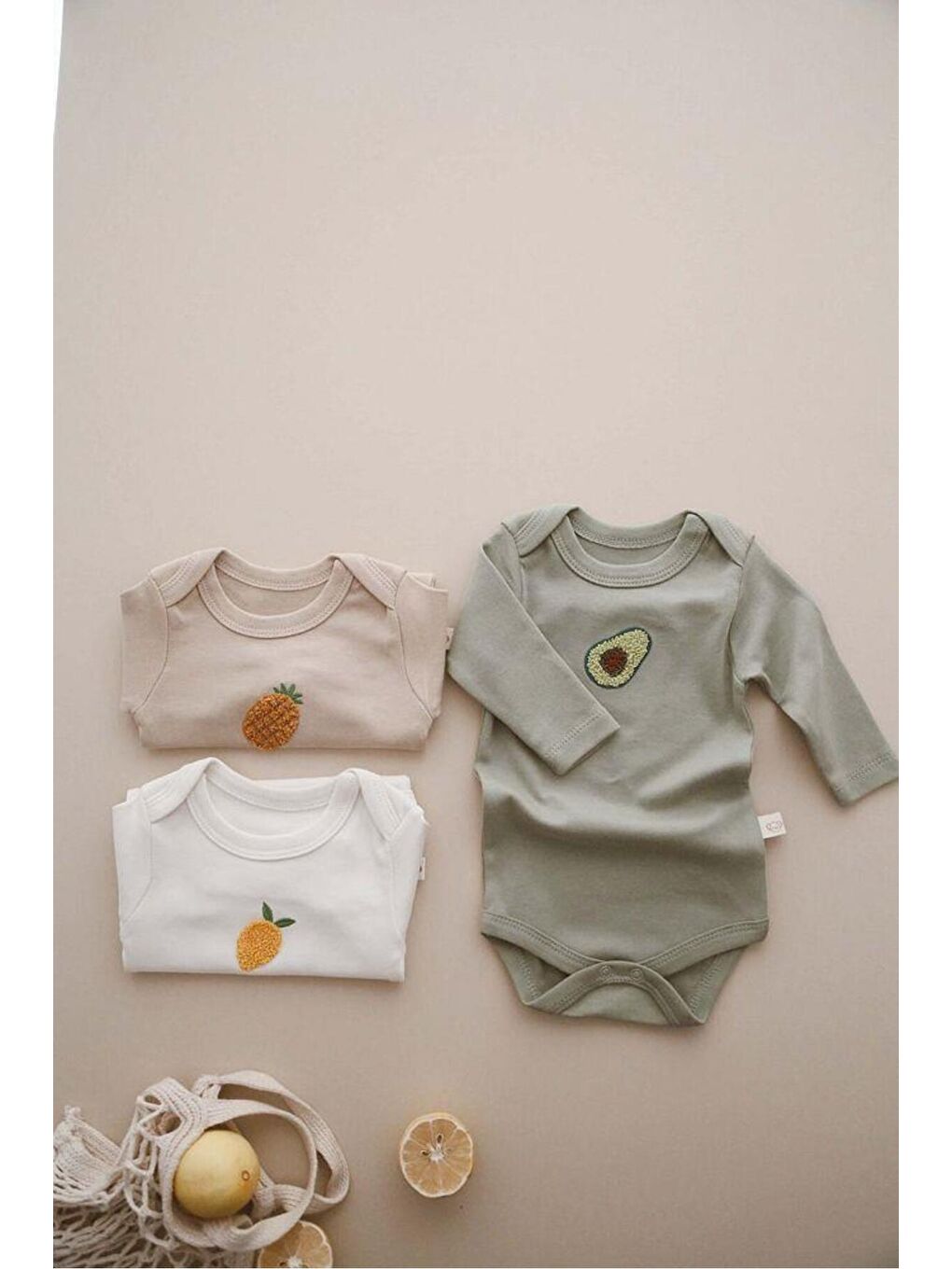 Bej 3lü Nakışlı Çıt Çıtlı Uzun Kollu Body-zıbın Model 3-2