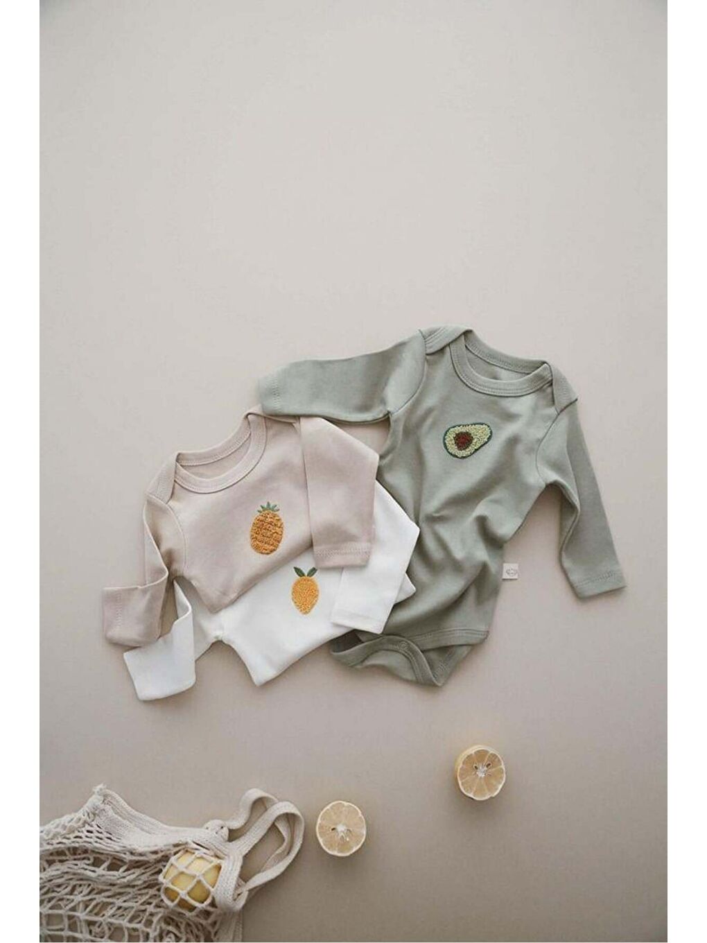 Bej 3lü Nakışlı Çıt Çıtlı Uzun Kollu Body-zıbın Model 3-5