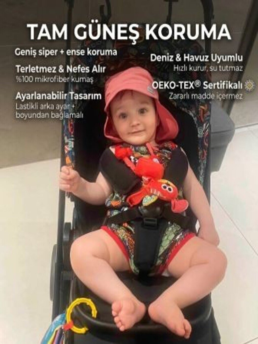 Pembe Flap, Ense Korumalı, Boyundan Bağlamalı, Arkadan Ayarlı, Ekoteks100 Çocuk Bebek Güneş Şapka-3