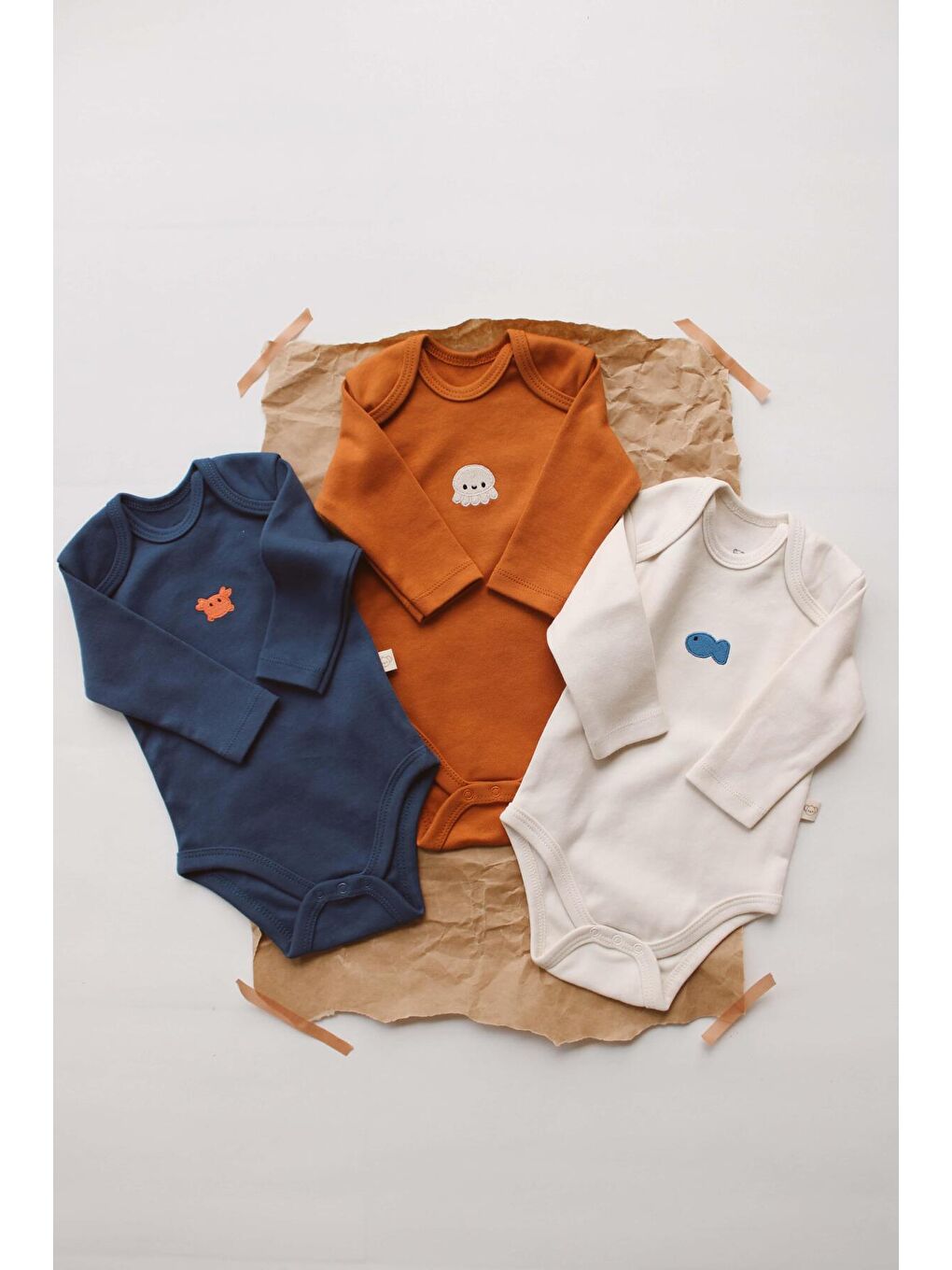 Kahverengi 3lü Nakışlı Çıt Çıtlı Uzun Kollu Body Zıbın Set Model 4-7