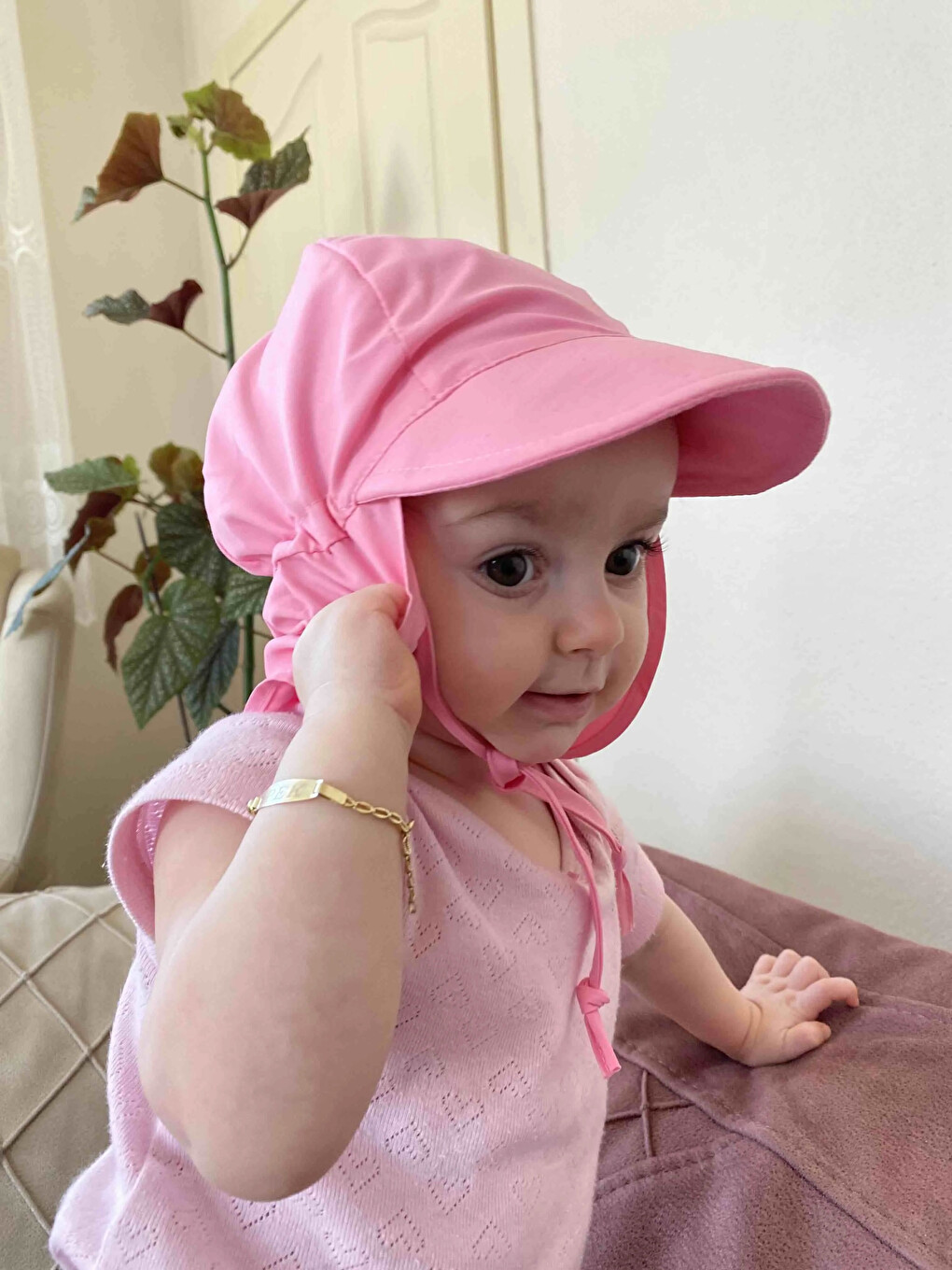 Pembe Flap, Ense Korumalı, Boyundan Bağlamalı, Arkadan Ayarlı, Çocuk Bebek Güneş Şapka-5