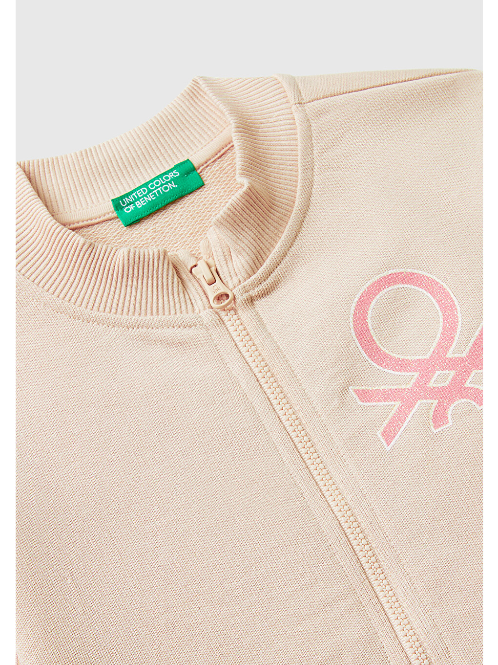Kız Çocuk Toz Pembe Simli Logo Baskılı Fermuarlı Ribanalı Regular Fit Sweatshirt-2