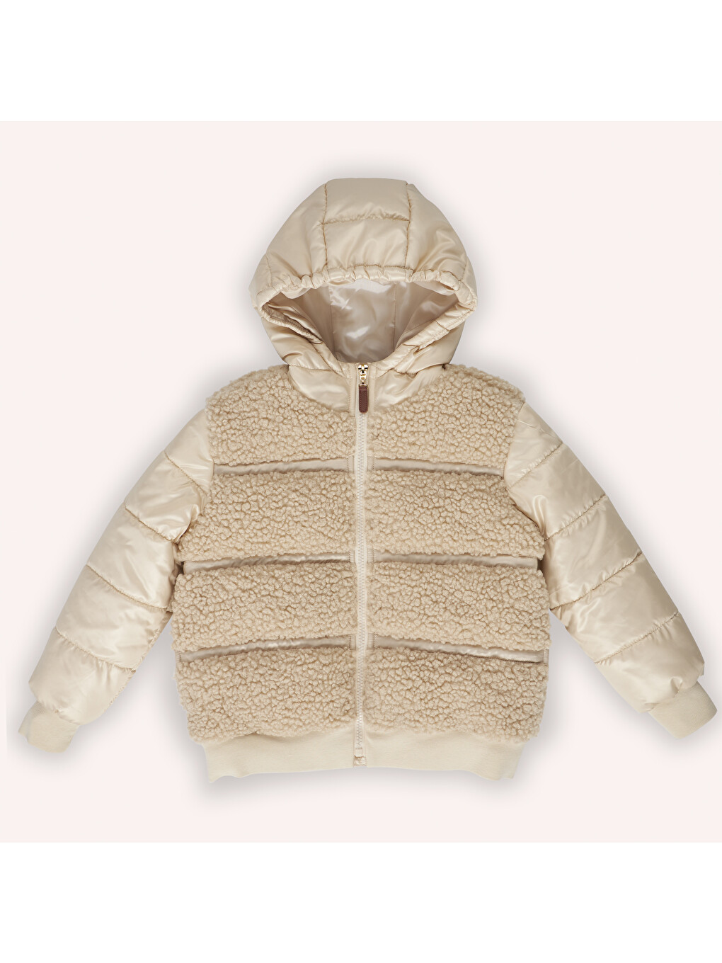 Kız Çocuk Pelüş Detaylı Bej Şişme Mont-2