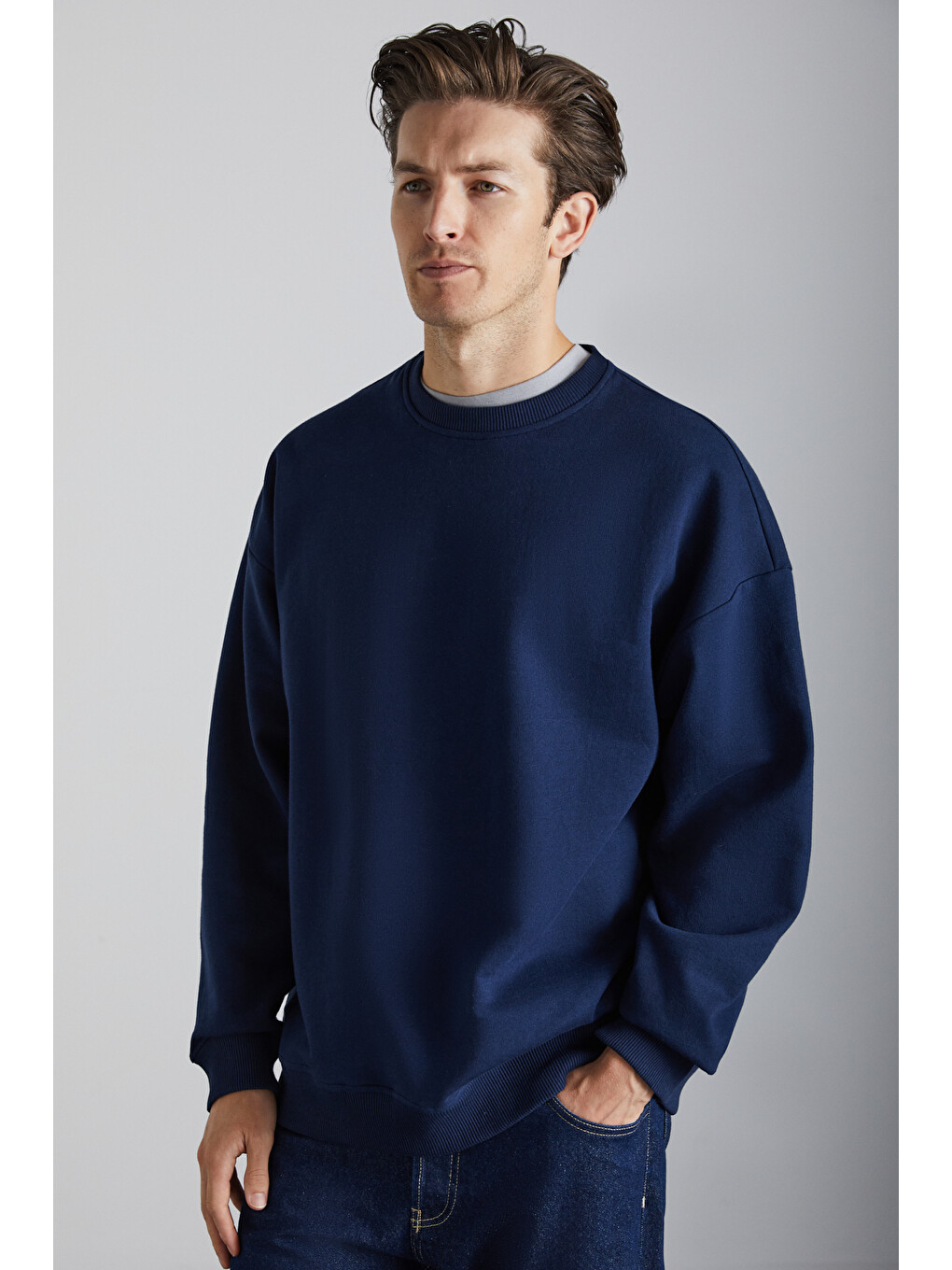 Stephan Erkek Yumuşacık Kumaşlı Organik Pamuklu Oversize Fit Yuvarlak Yakalı Lacivert Sweatshirt