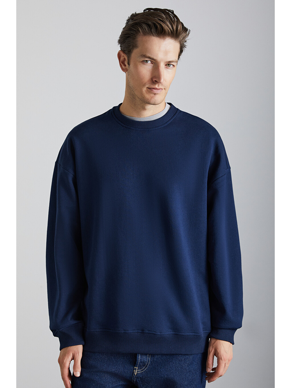 Stephan Erkek Yumuşacık Kumaşlı Organik Pamuklu Oversize Fit Yuvarlak Yakalı Lacivert Sweatshirt-1