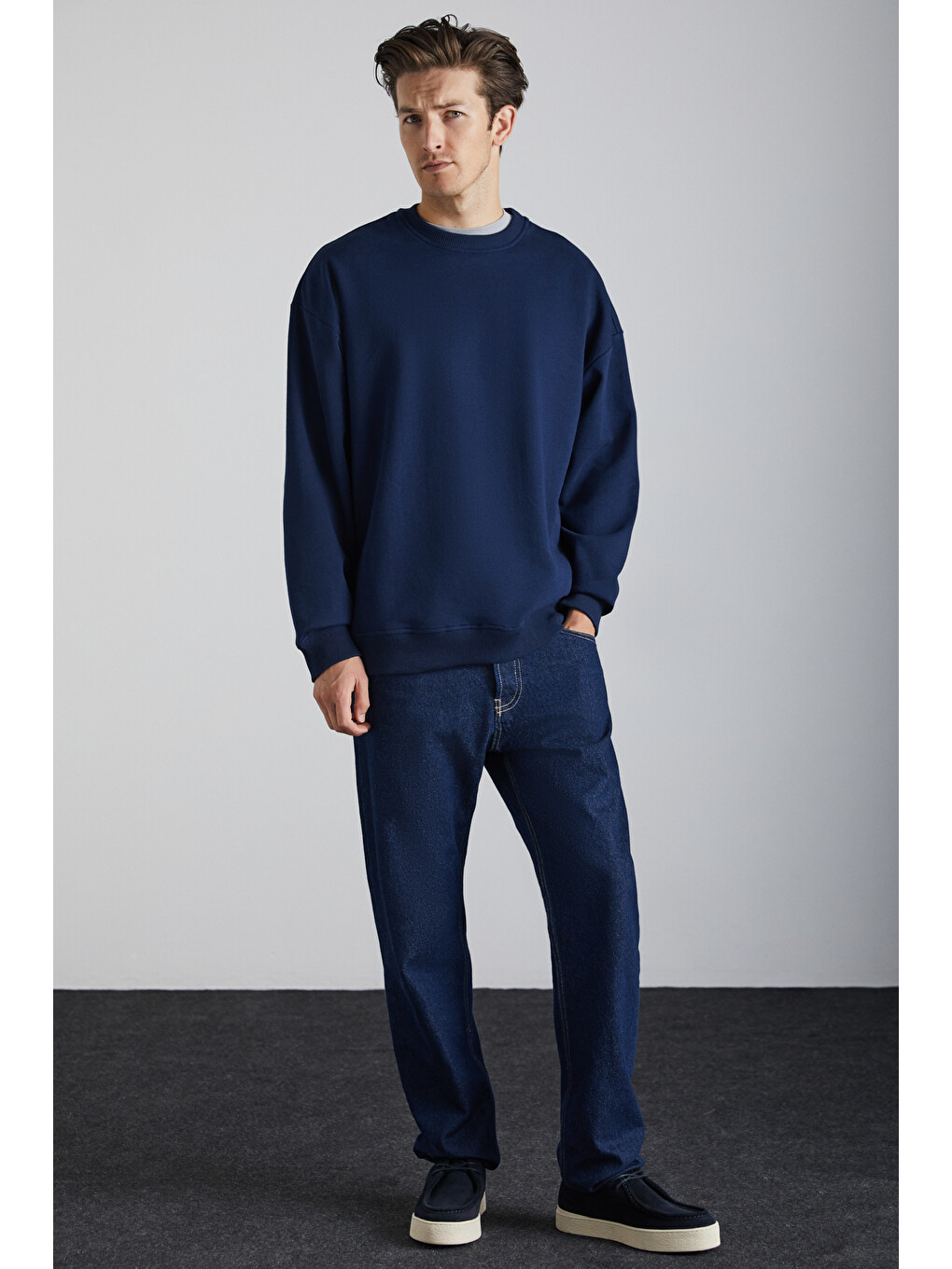 Stephan Erkek Yumuşacık Kumaşlı Organik Pamuklu Oversize Fit Yuvarlak Yakalı Lacivert Sweatshirt-2