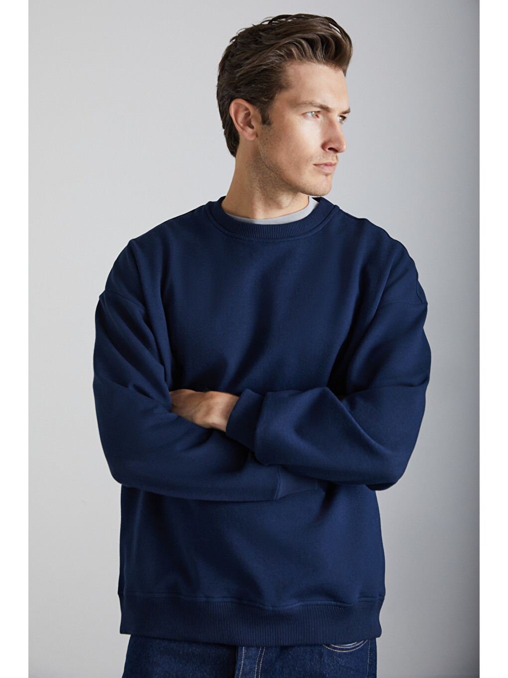 Stephan Erkek Yumuşacık Kumaşlı Organik Pamuklu Oversize Fit Yuvarlak Yakalı Lacivert Sweatshirt-3