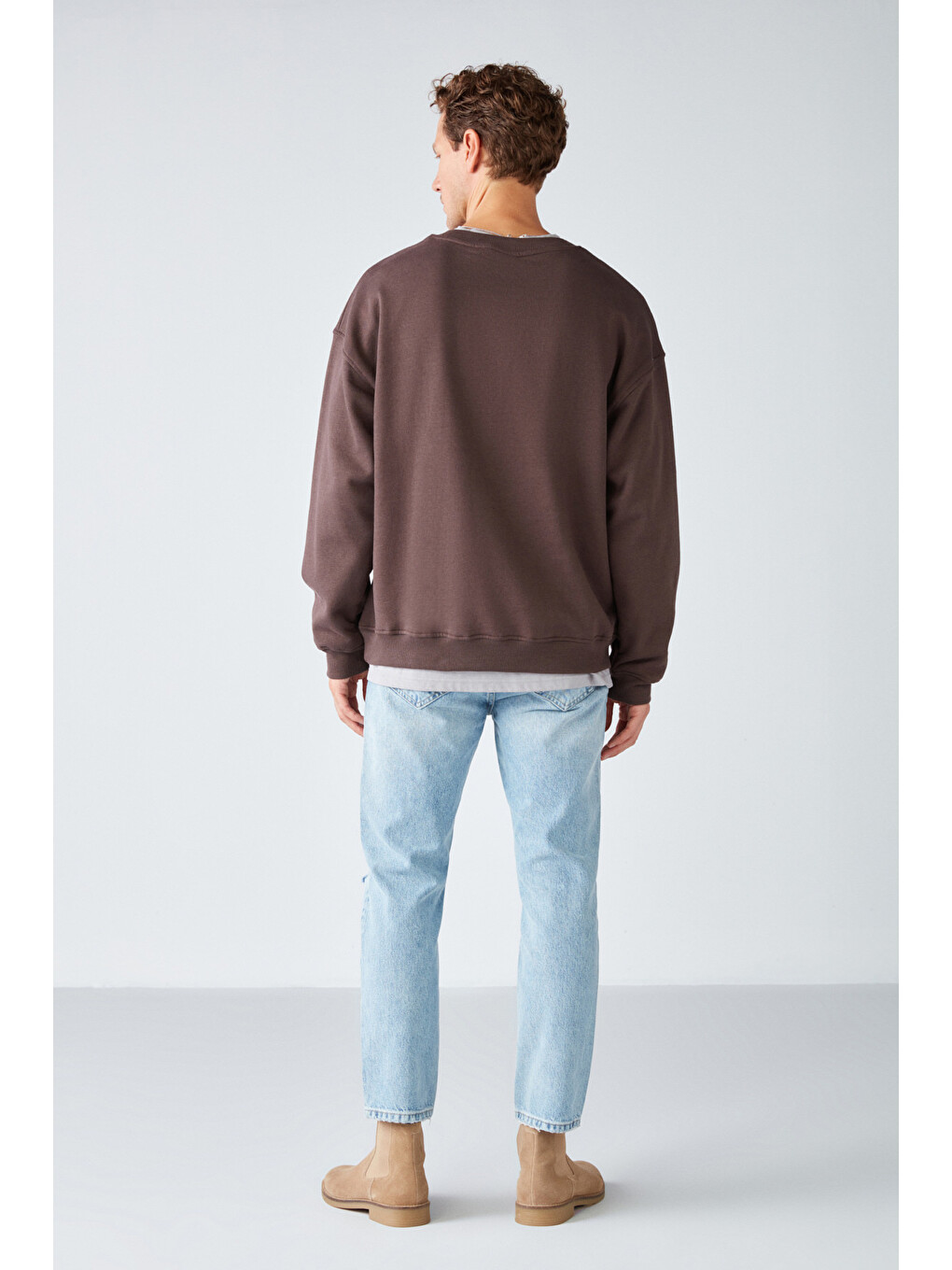Stephan Erkek Yumuşacık Kumaşlı Organik Pamuklu Oversize Fit Yuvarlak Yakalı Kahverengi Sweatshirt-5