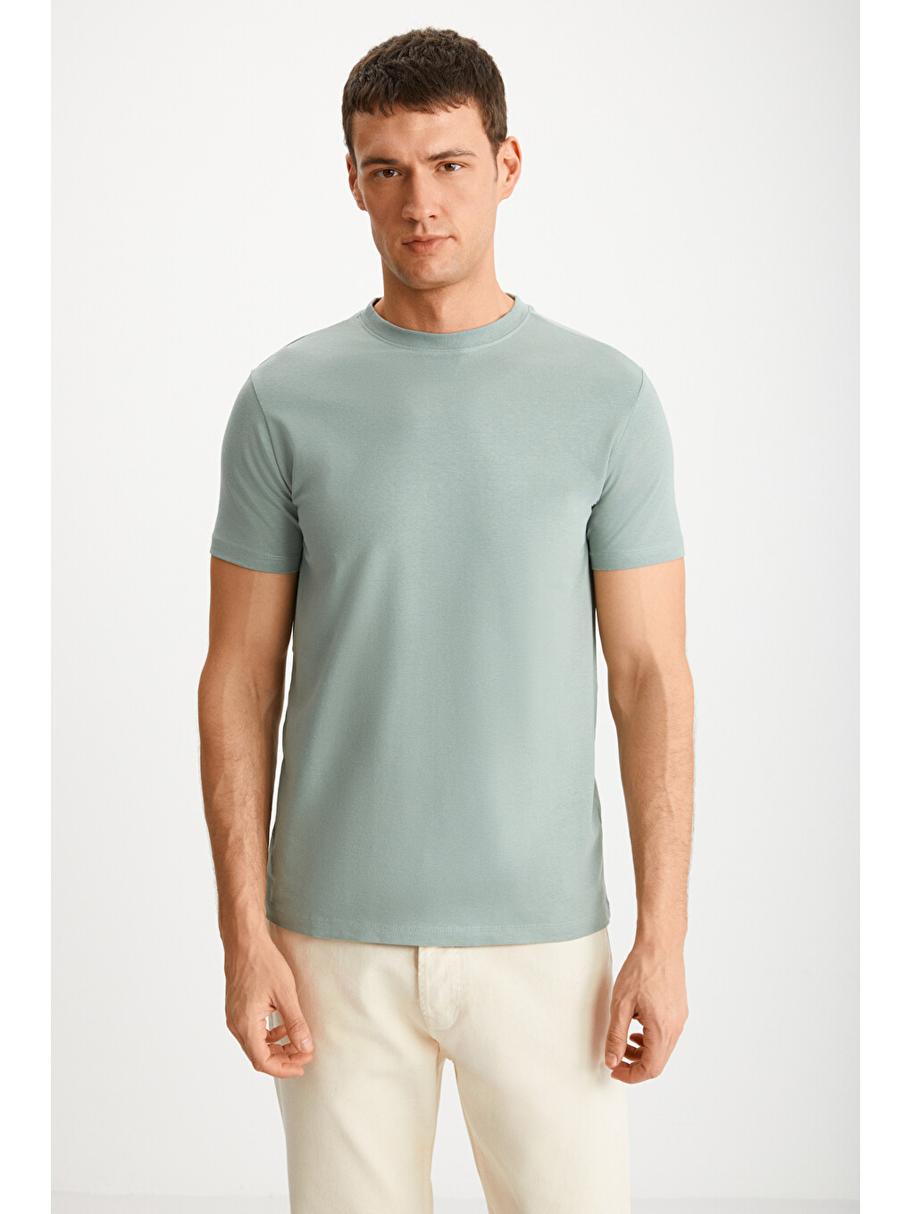 Erkek Slim Fit Dar Kesim %100 Organik Pamuklu Yana Kayan Dikişli Basic Örme Mint Yeşil T-shi