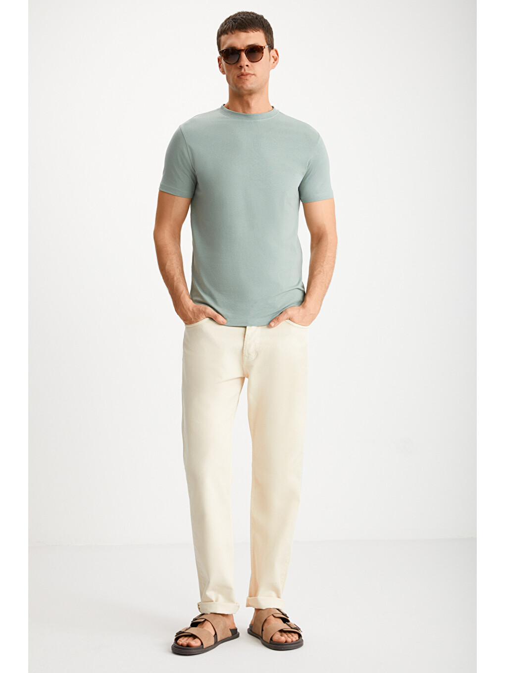 Erkek Slim Fit Dar Kesim %100 Organik Pamuklu Yana Kayan Dikişli Basic Örme Mint Yeşil T-shi-1