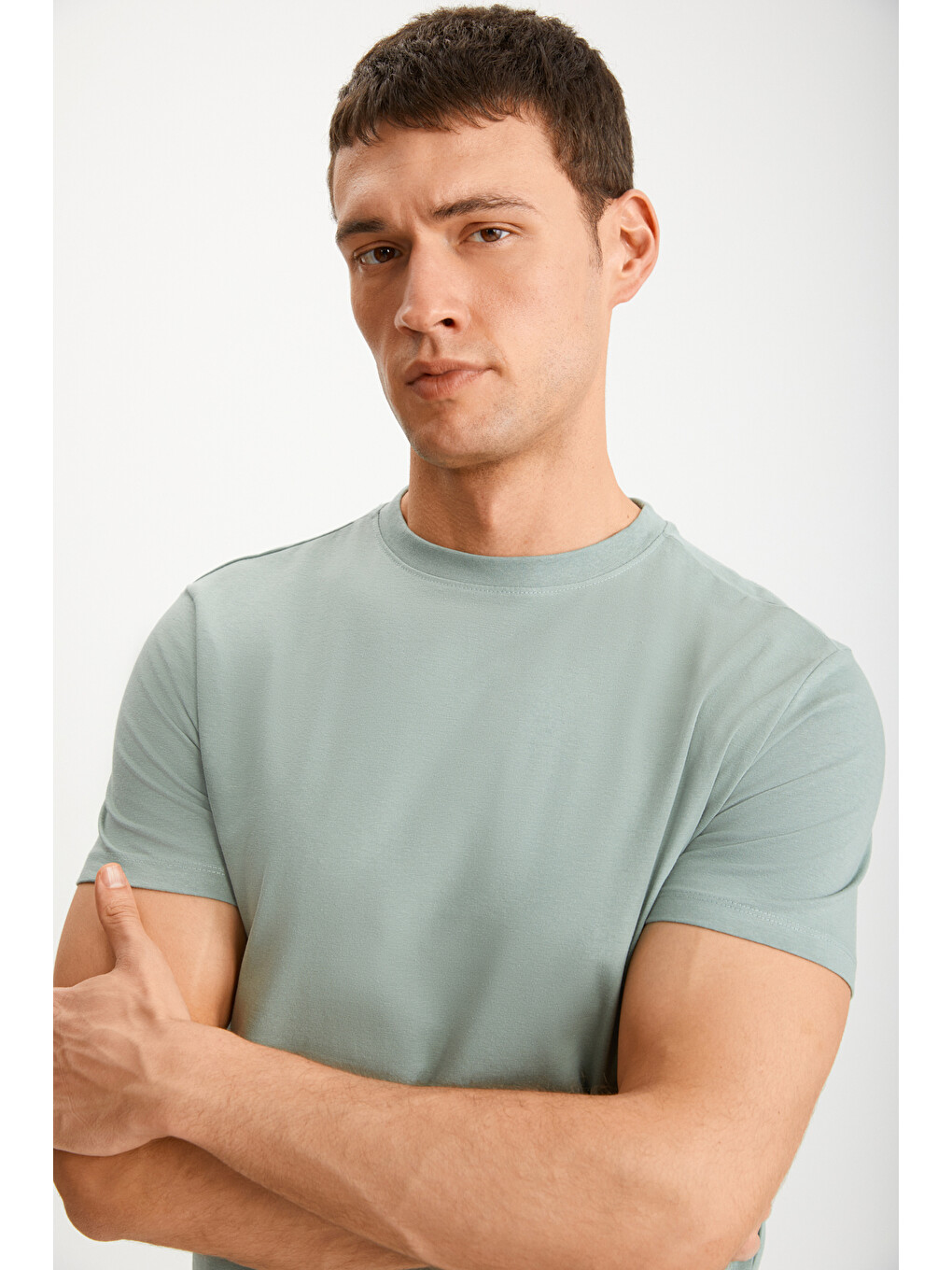 Erkek Slim Fit Dar Kesim %100 Organik Pamuklu Yana Kayan Dikişli Basic Örme Mint Yeşil T-shi-2