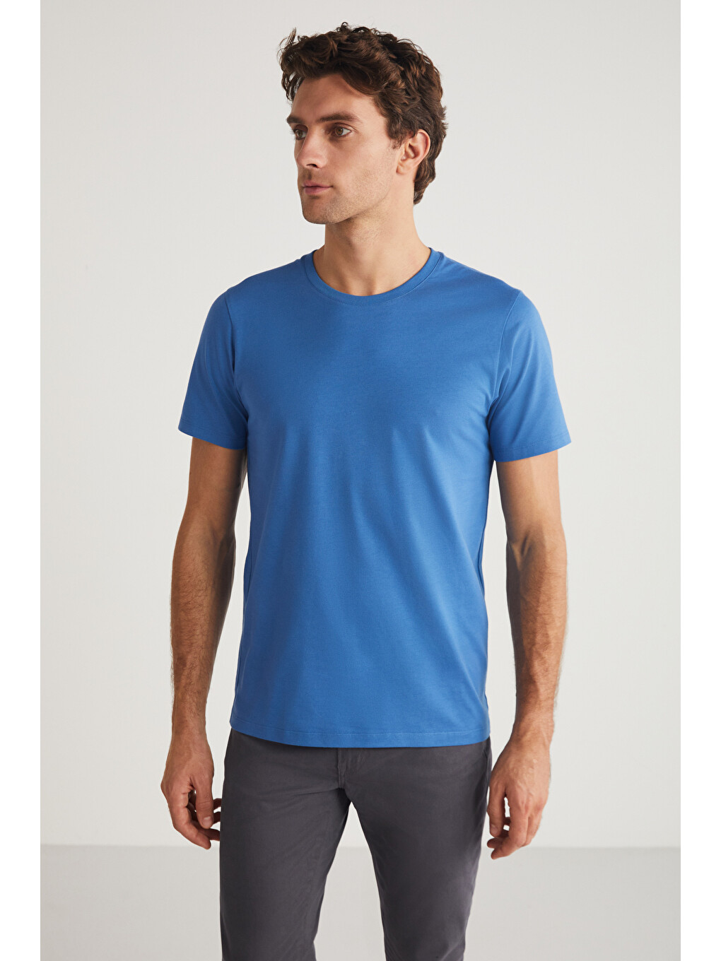 Erkek Slim Fit Dar Kesim %100 Organik Pamuklu Yana Kayan Dikişli Basic Örme Mavi Tişört-1