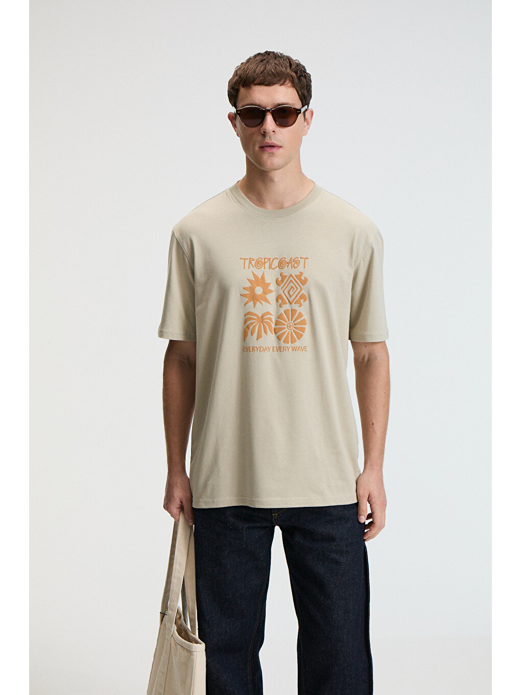 Bej Sweet Erkek %100 Pamuk Oversize Fit Baskılı Kısa Kollu Yuvarlak Yakalı Taş T-shirt-2