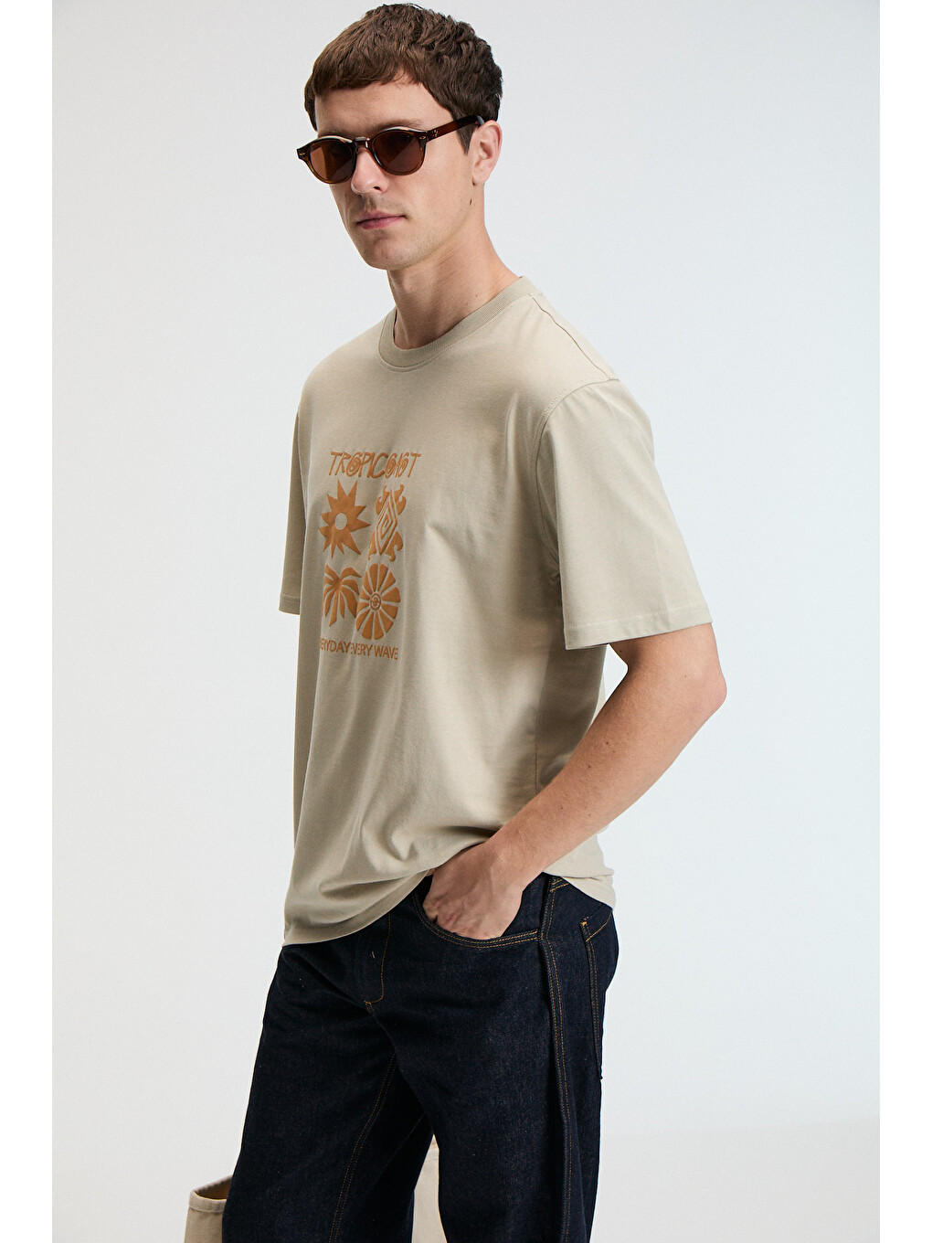 Bej Sweet Erkek %100 Pamuk Oversize Fit Baskılı Kısa Kollu Yuvarlak Yakalı Taş T-shirt-3