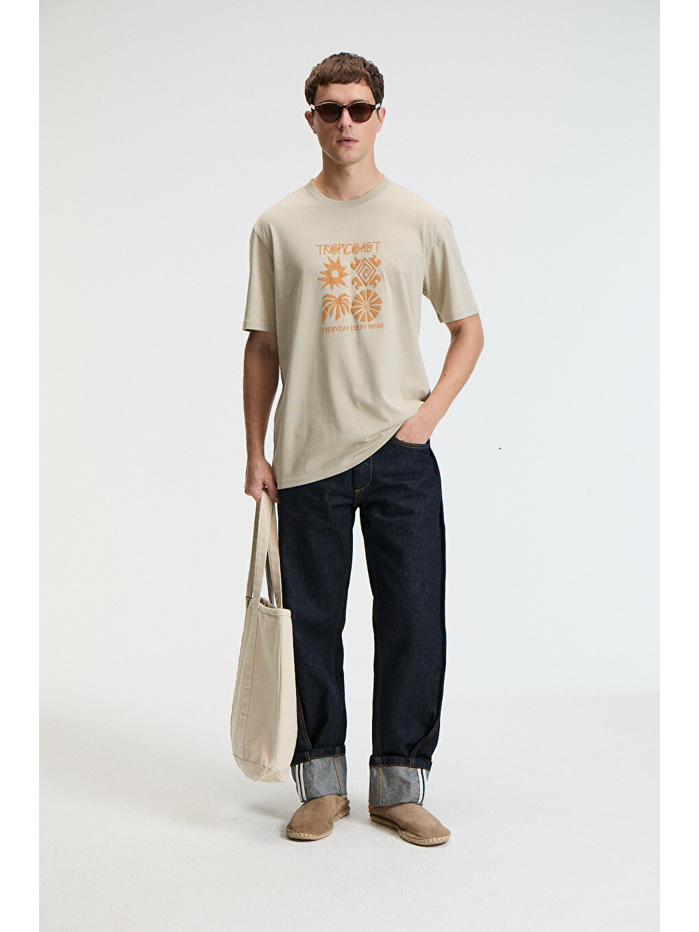 Bej Sweet Erkek %100 Pamuk Oversize Fit Baskılı Kısa Kollu Yuvarlak Yakalı Taş T-shirt-4