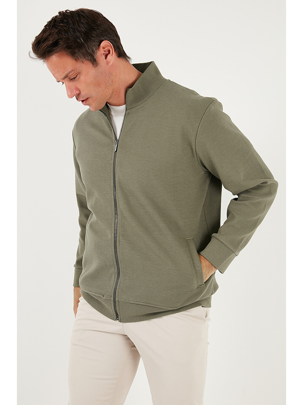 Haki Pamuklu Regular Fit Dik Yaka Fermuarlı Sweatshirt Hırka 5901077-3