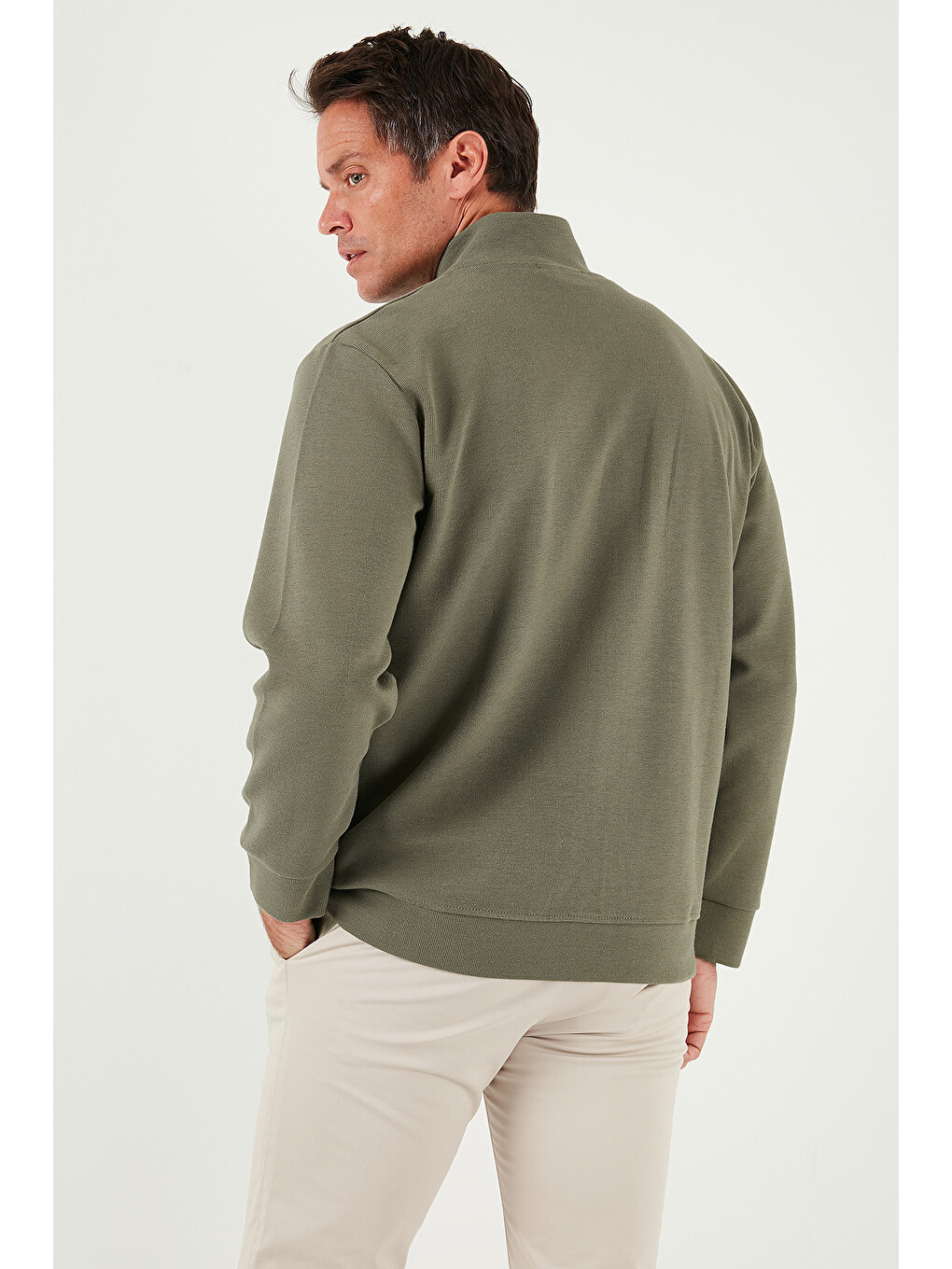 Haki Pamuklu Regular Fit Dik Yaka Fermuarlı Sweatshirt Hırka 5901077-5