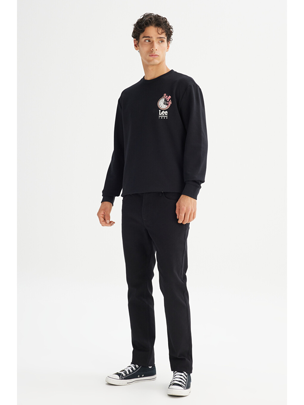 Regular Fit Bisiklet Yaka Baskılı Siyah Sweatshirt-1