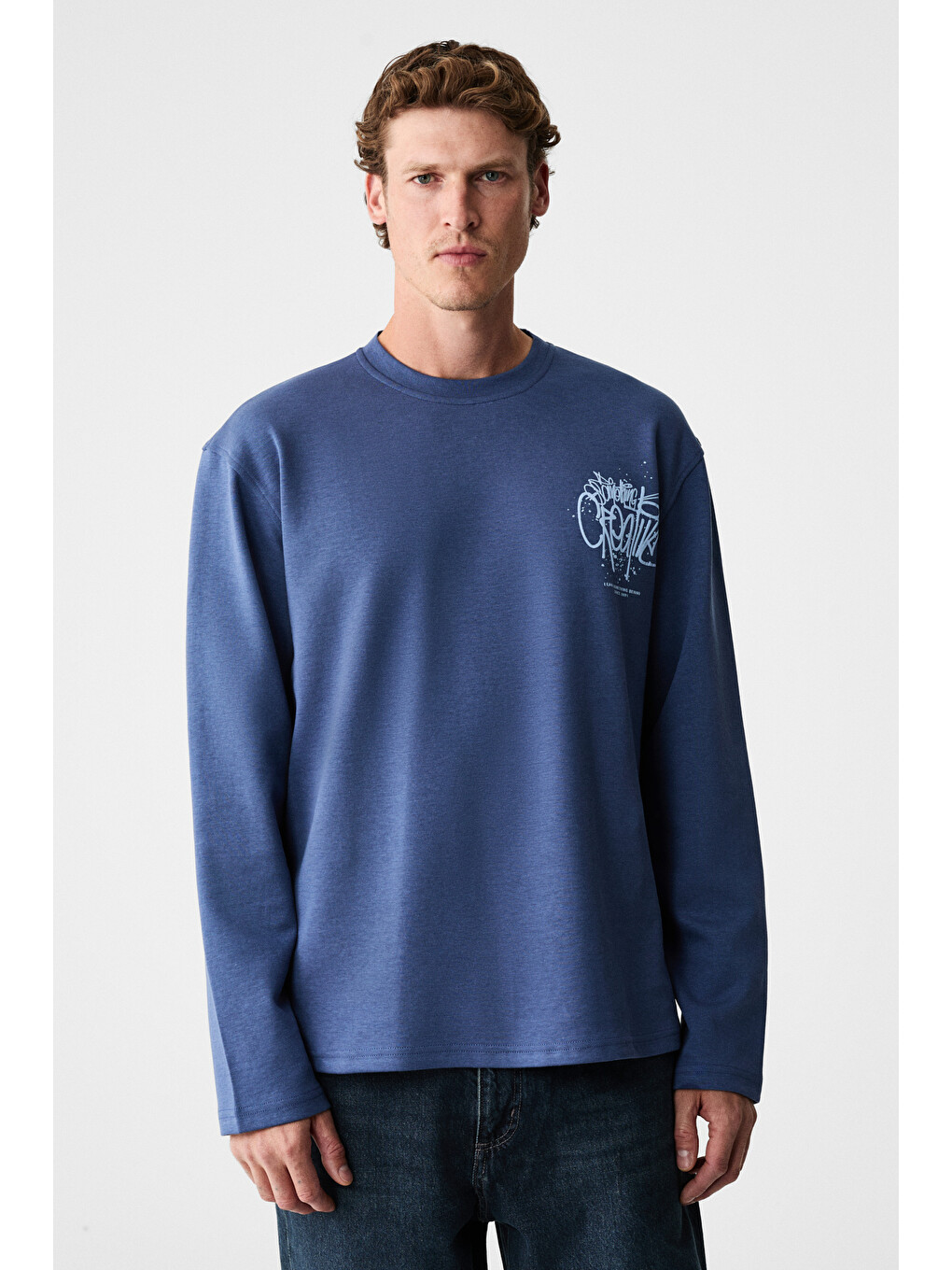 Creator Erkek Göğsü Ve Sırtı Baskılı Pamuklu Bisiklet Yakalı Oversize Uzun Kollu Lacivert T-shirt
