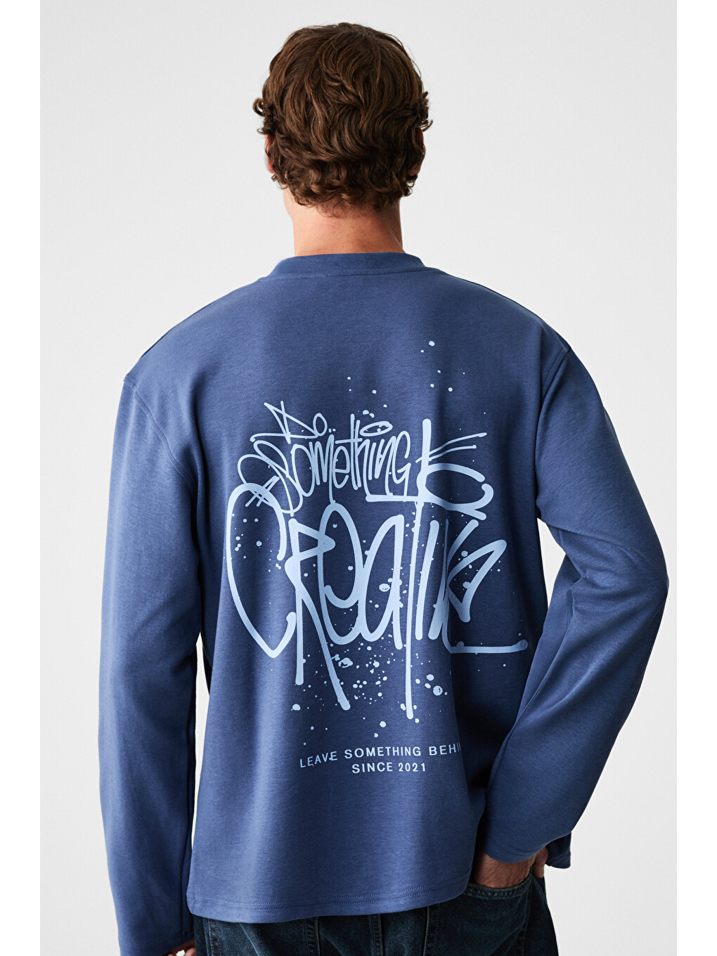 Creator Erkek Göğsü Ve Sırtı Baskılı Pamuklu Bisiklet Yakalı Oversize Uzun Kollu Lacivert T-shirt-1