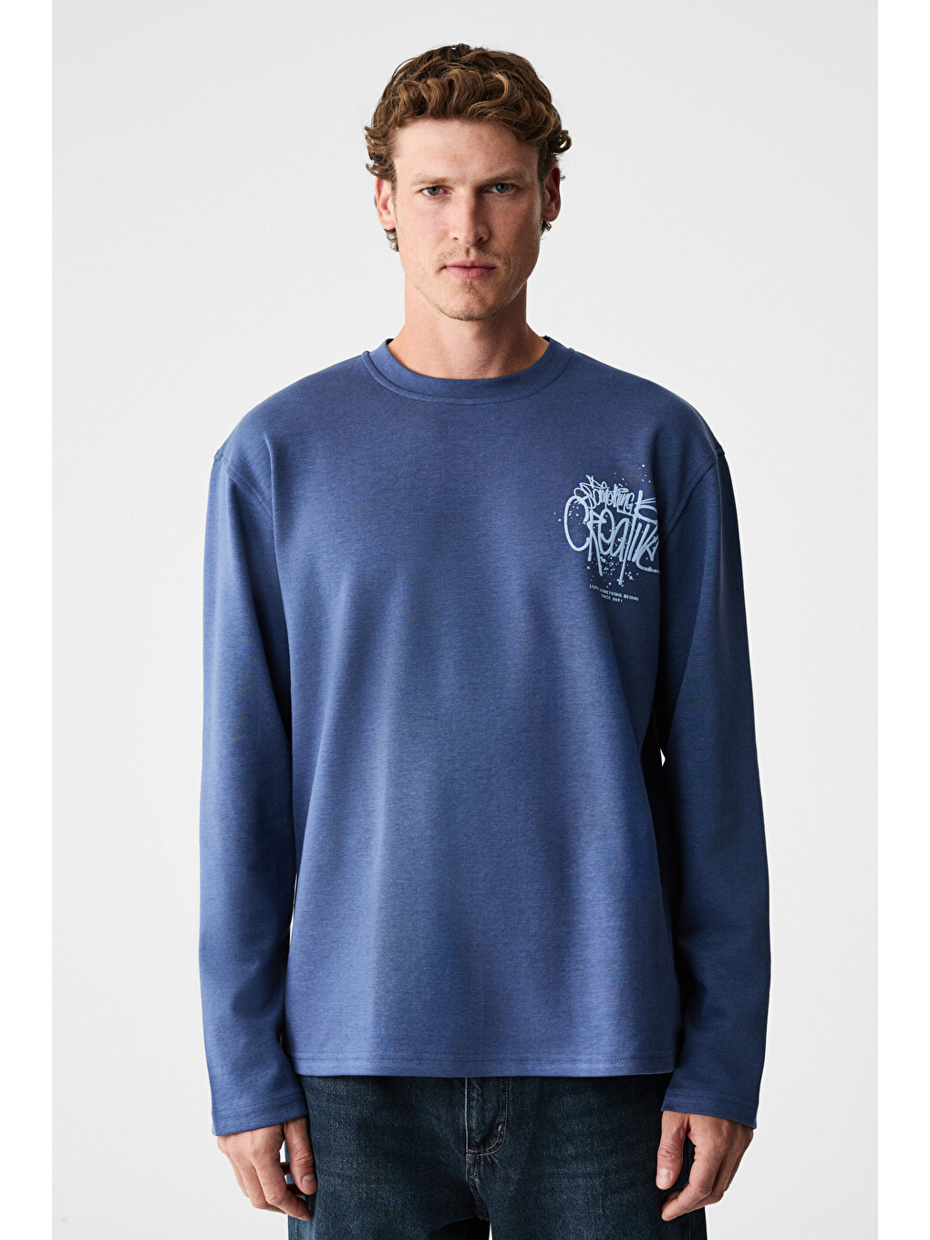 Creator Erkek Göğsü Ve Sırtı Baskılı Pamuklu Bisiklet Yakalı Oversize Uzun Kollu Lacivert T-shirt-3