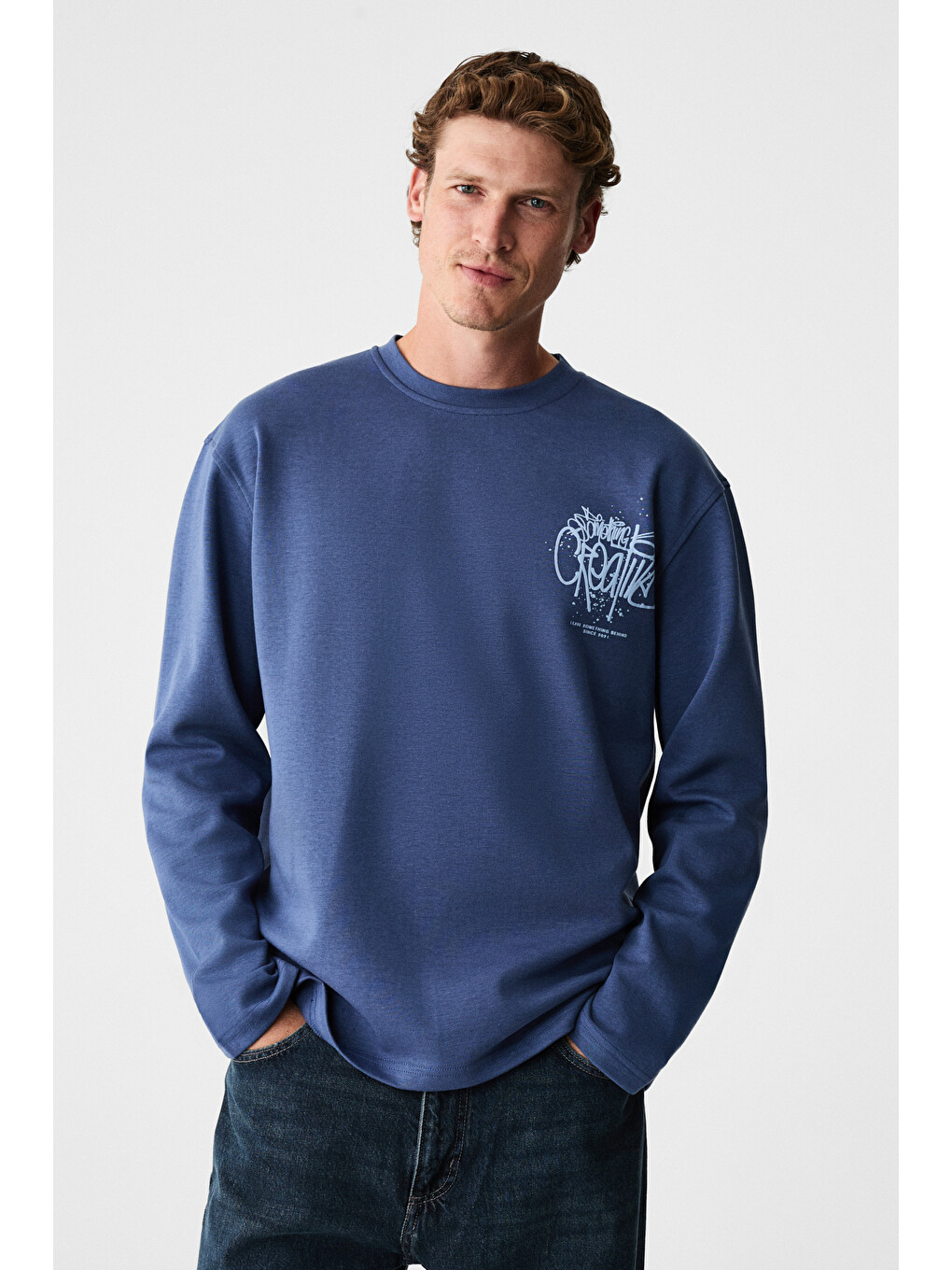 Creator Erkek Göğsü Ve Sırtı Baskılı Pamuklu Bisiklet Yakalı Oversize Uzun Kollu Lacivert T-shirt-4