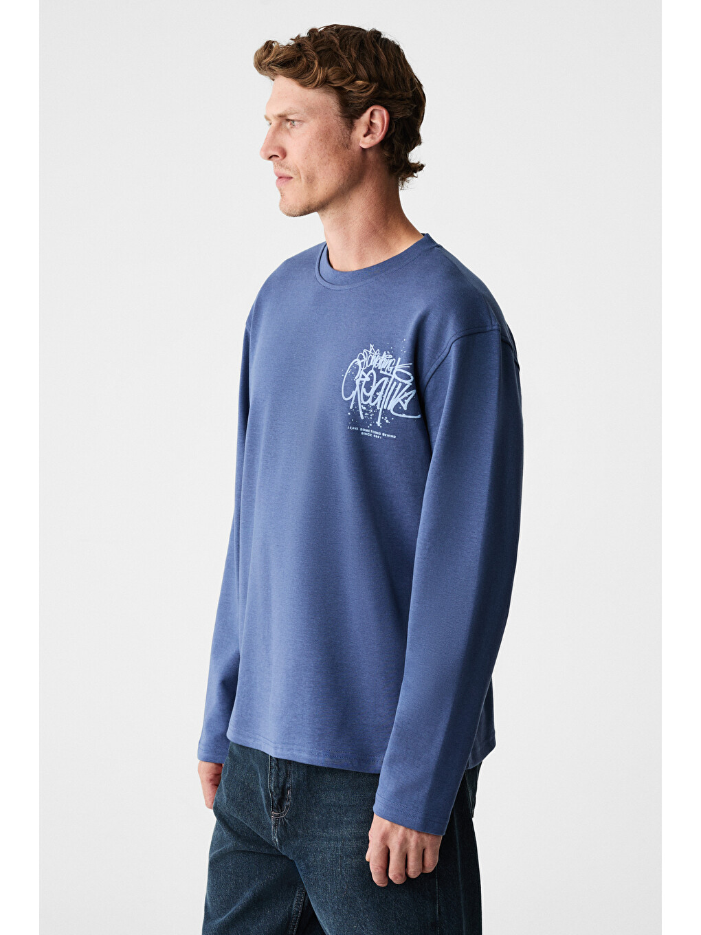 Creator Erkek Göğsü Ve Sırtı Baskılı Pamuklu Bisiklet Yakalı Oversize Uzun Kollu Lacivert T-shirt-5