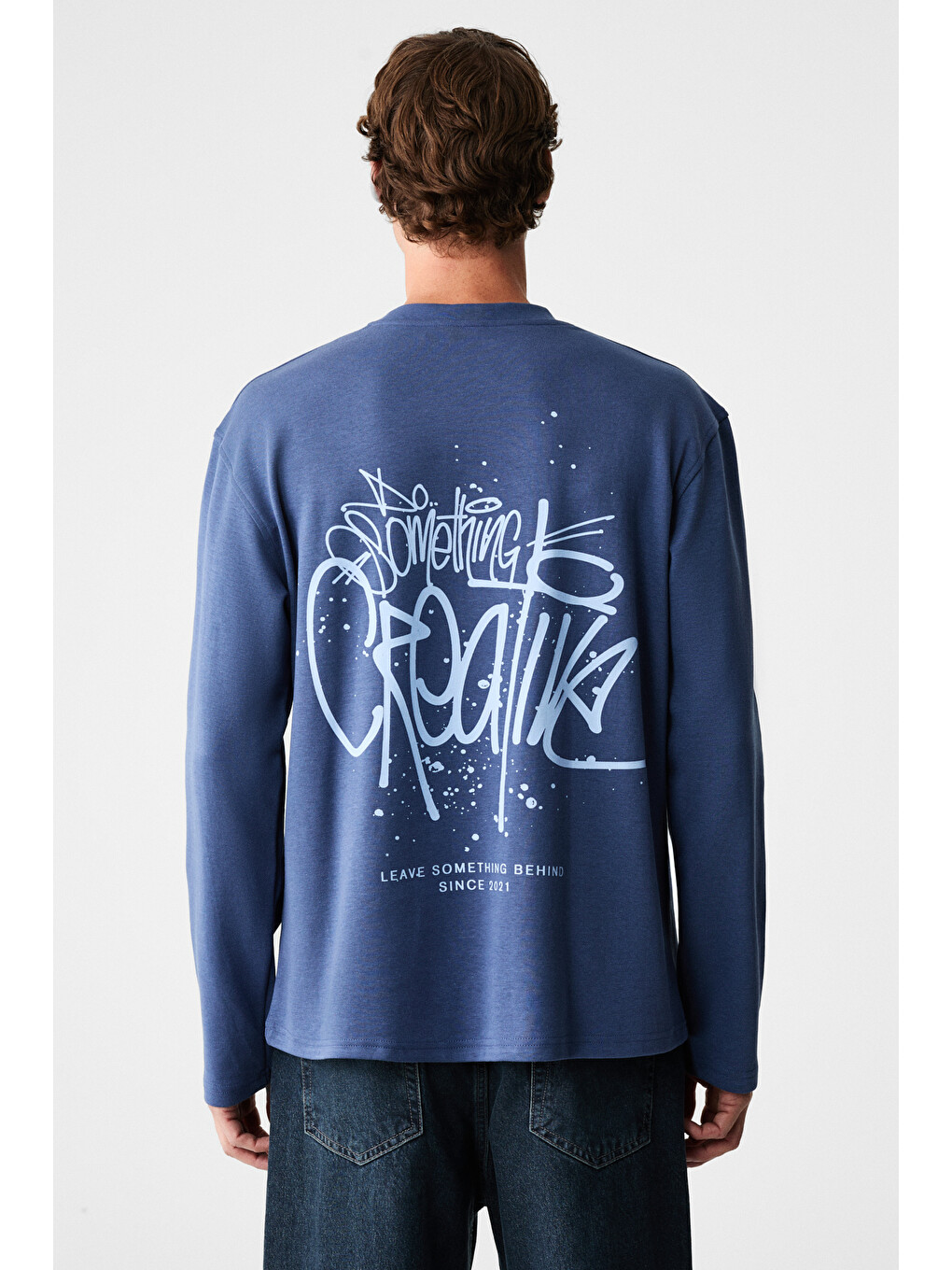 Creator Erkek Göğsü Ve Sırtı Baskılı Pamuklu Bisiklet Yakalı Oversize Uzun Kollu Lacivert T-shirt-6
