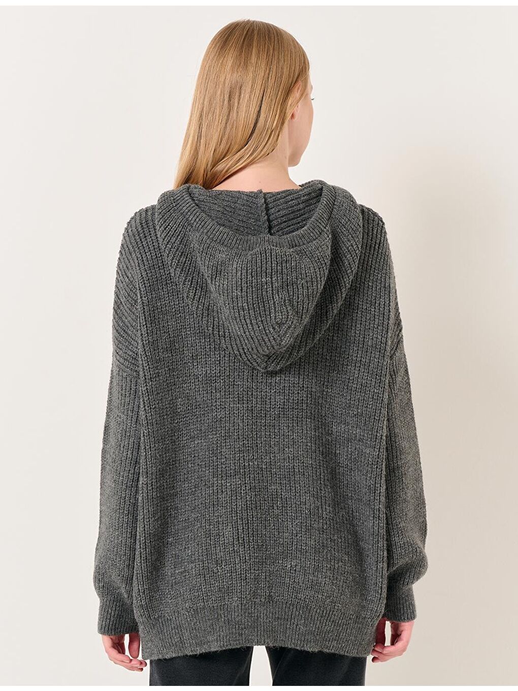 Antrasit Uzun Kollu Kapüşonlu Triko Kazak-5