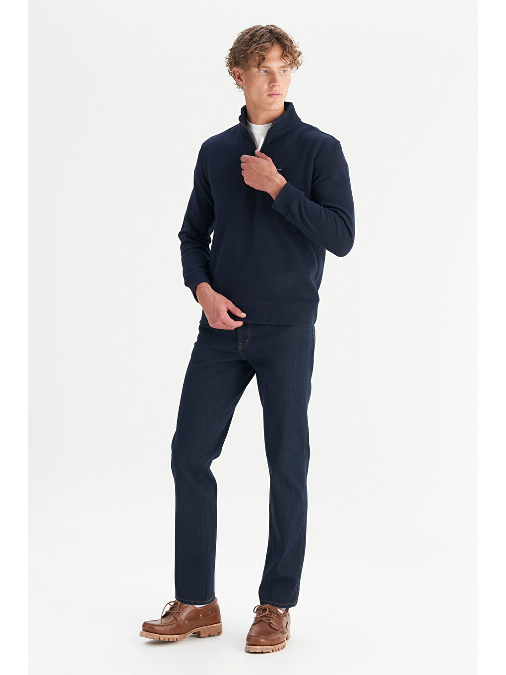 Lacivert Pamuklu Regular Fit Dik Yaka Fermuarlı Selanik Örgü Sweatshirt-1