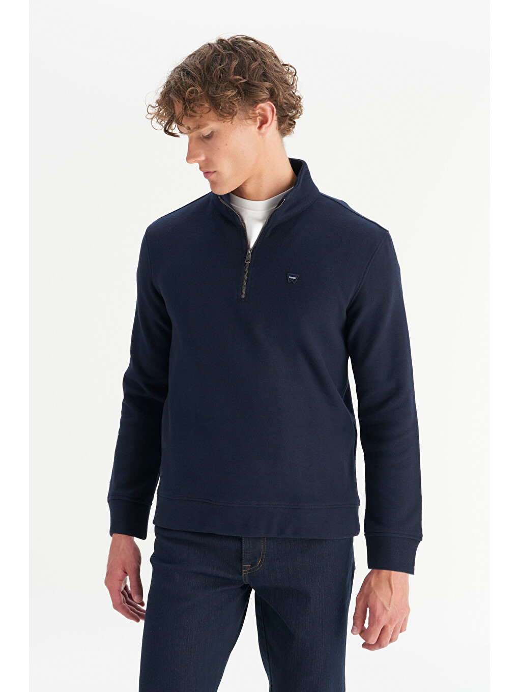 Lacivert Pamuklu Regular Fit Dik Yaka Fermuarlı Selanik Örgü Sweatshirt-2