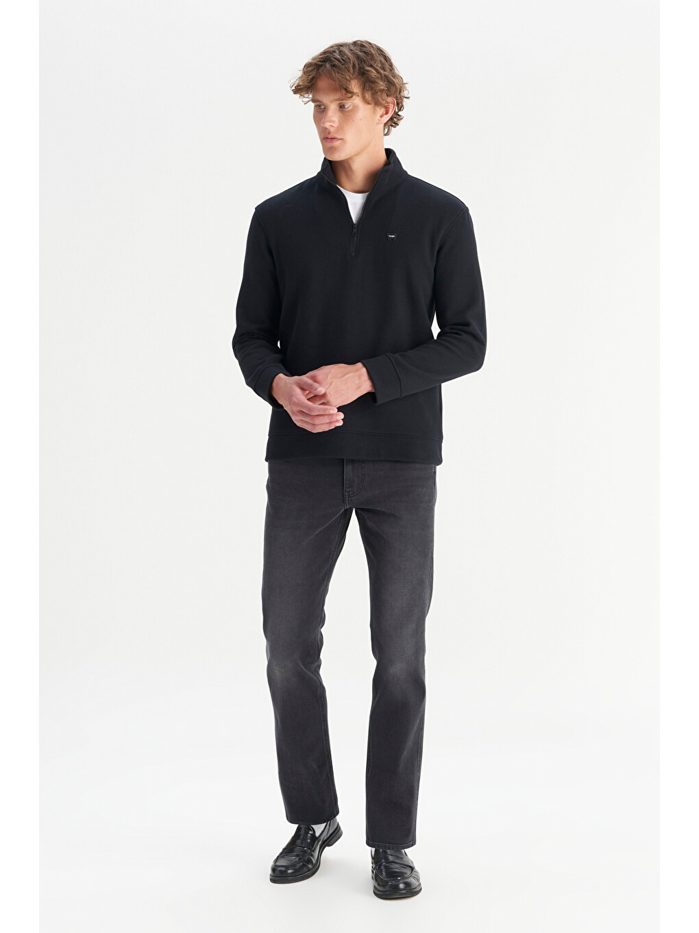 Siyah Pamuklu Regular Fit Dik Yaka Fermuarlı Selanik Örgü Sweatshirt-1
