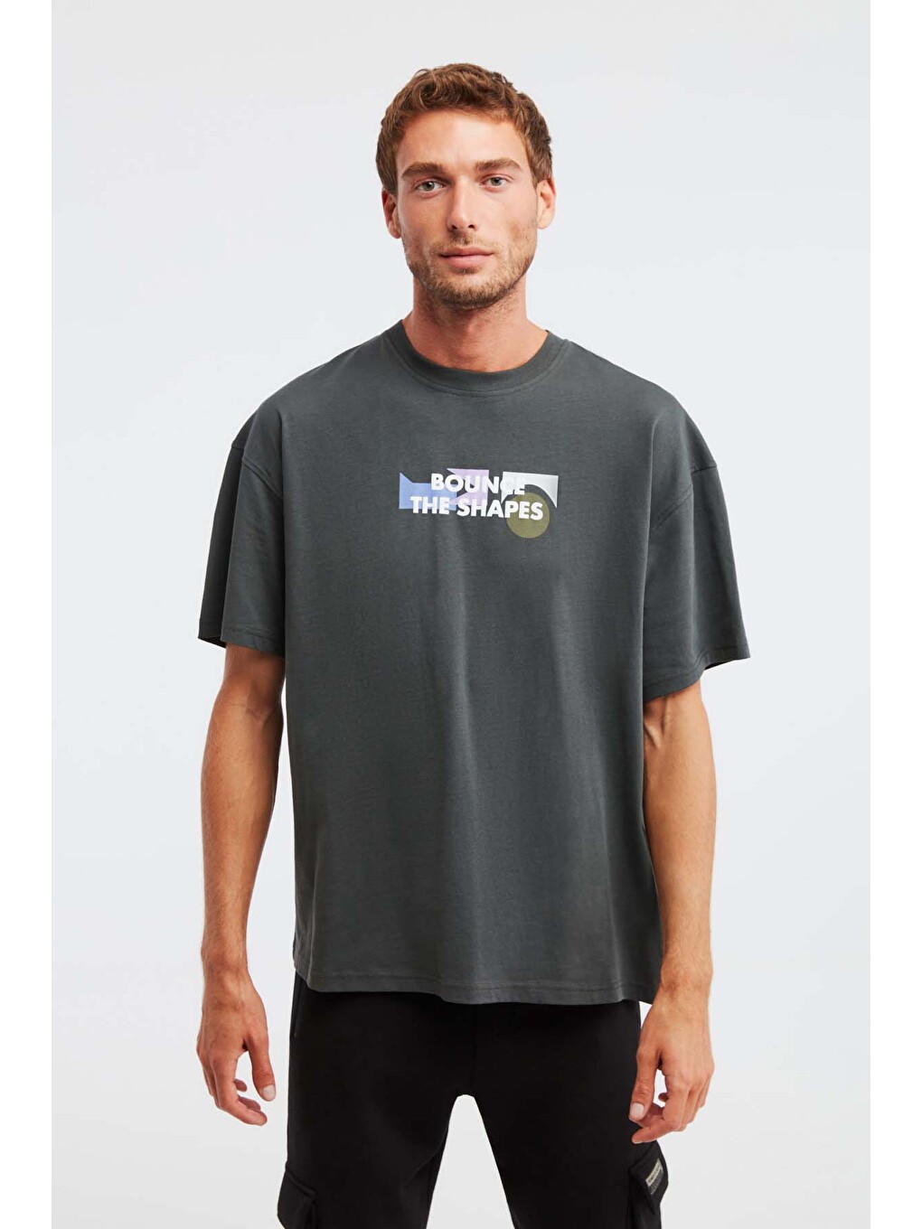 Erkek Oversize Fit %100 Pamuk Kalın Dokulu Baskılı Gri Tişört-2