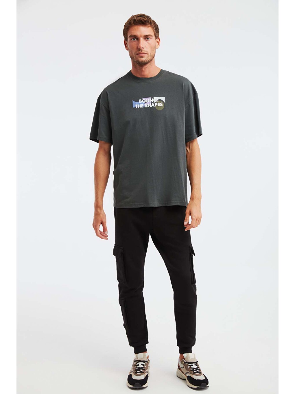 Erkek Oversize Fit %100 Pamuk Kalın Dokulu Baskılı Gri Tişört-3