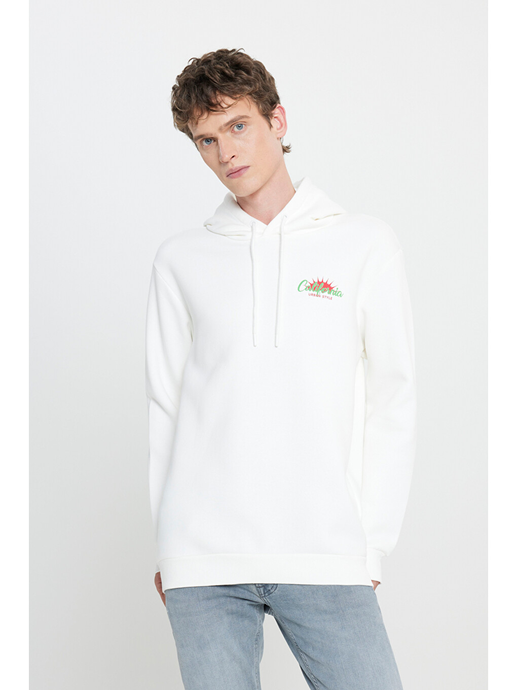 Regular Fit Kapüşonlu Şardonlu Kırık Beyaz Sweatshirt-1