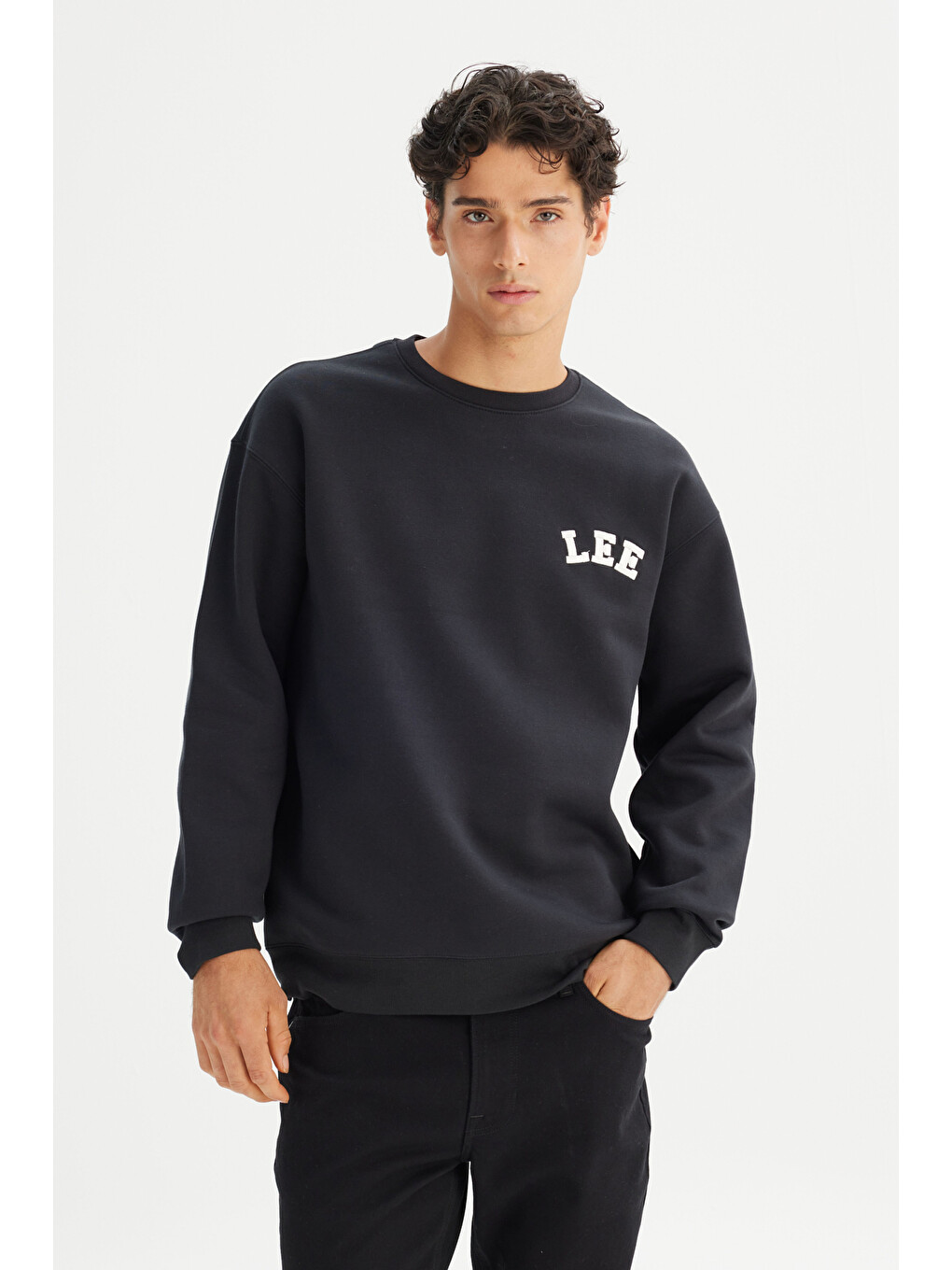 Siyah Pamuklu Relaxed Fit Bisiklet Yaka Logo Detaylı Sweatshirt