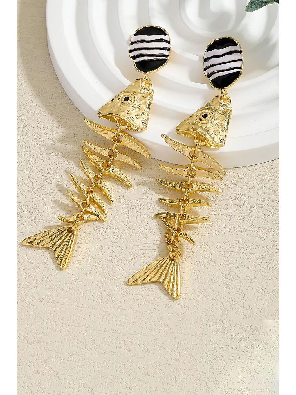 Sarı Metal Fisbone Balık Küpe-7