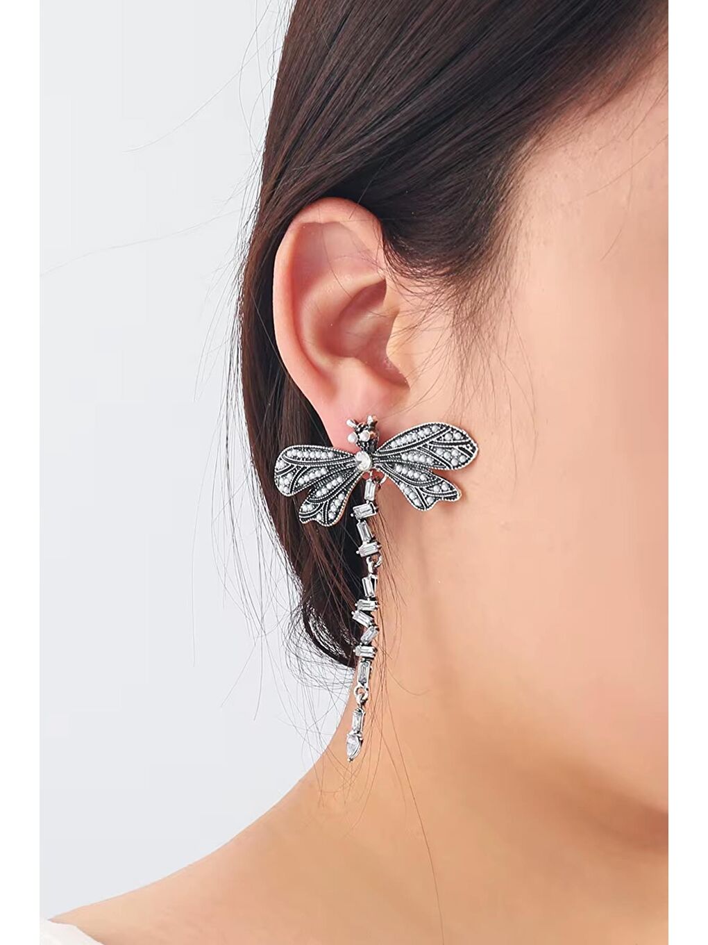 Gri Parlak Taşlı Yusufçuk Küpe-4