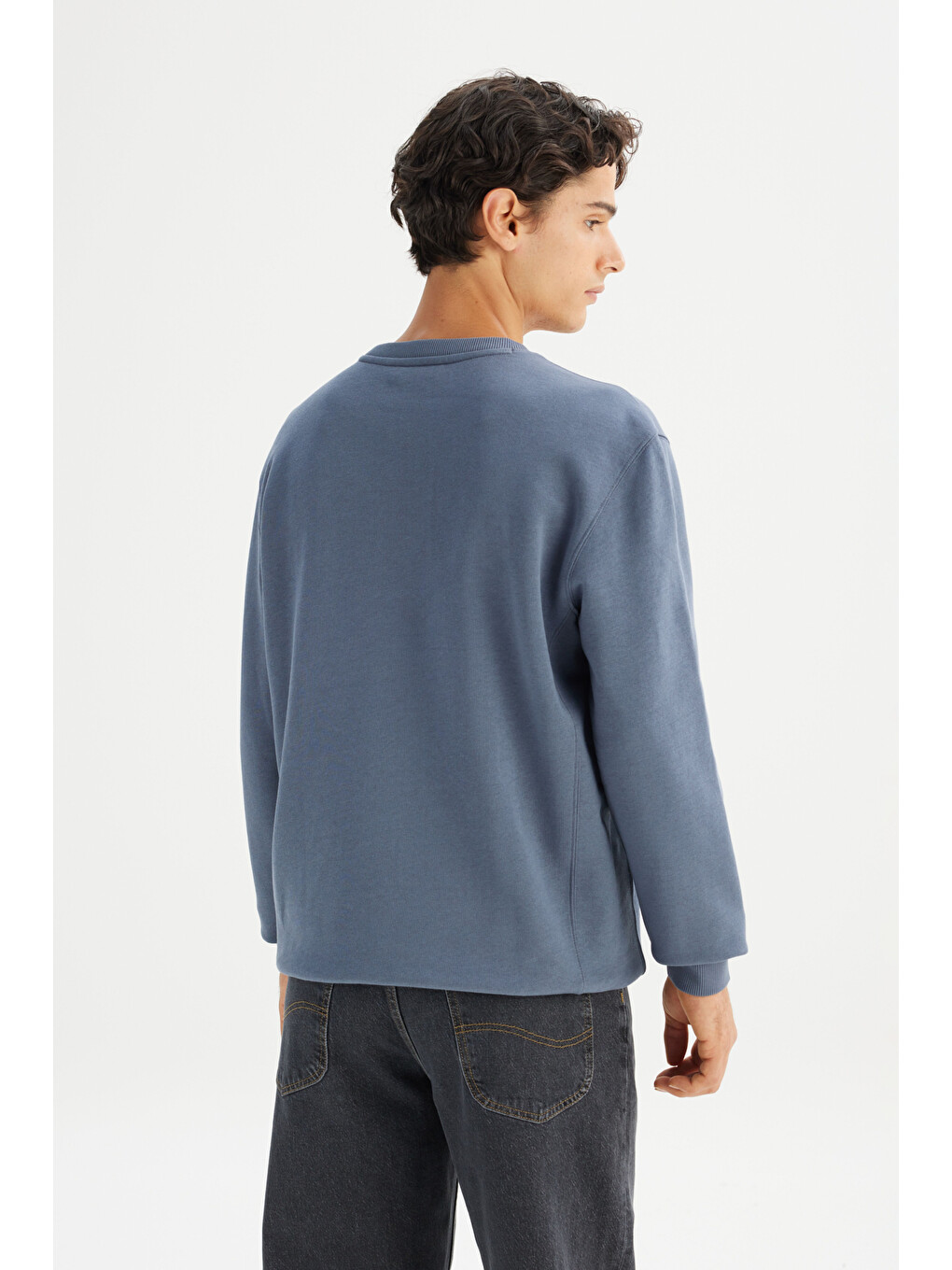 Regular Fit %100 Pamuk Bisiklet Yaka İçi Polarlı İndigo Sweatshirt-4