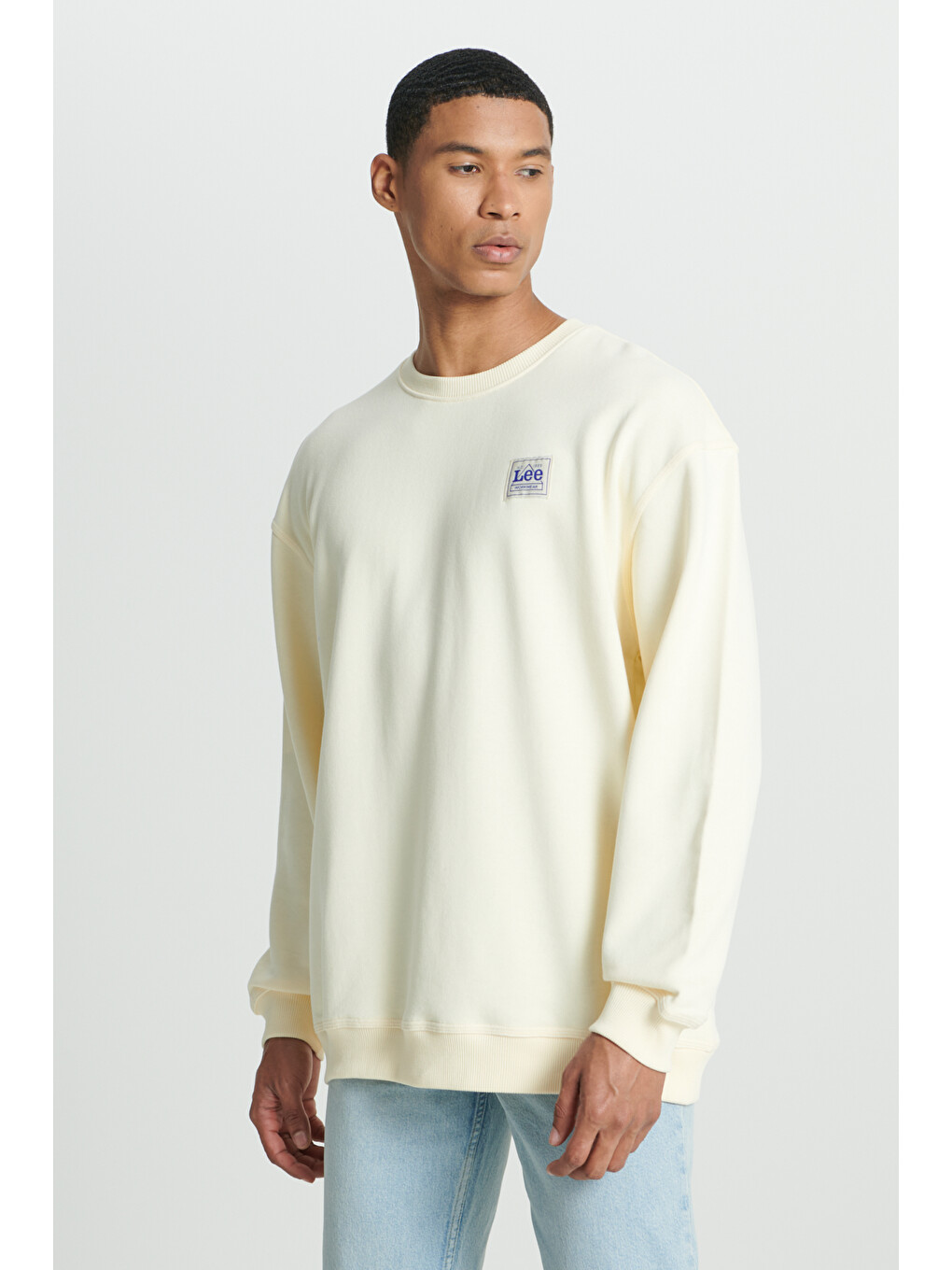 Relaxed Fit Rahat Kesim %100 Pamuk Bisiklet Yaka Şardonlu Ekru Sweatshirt-1