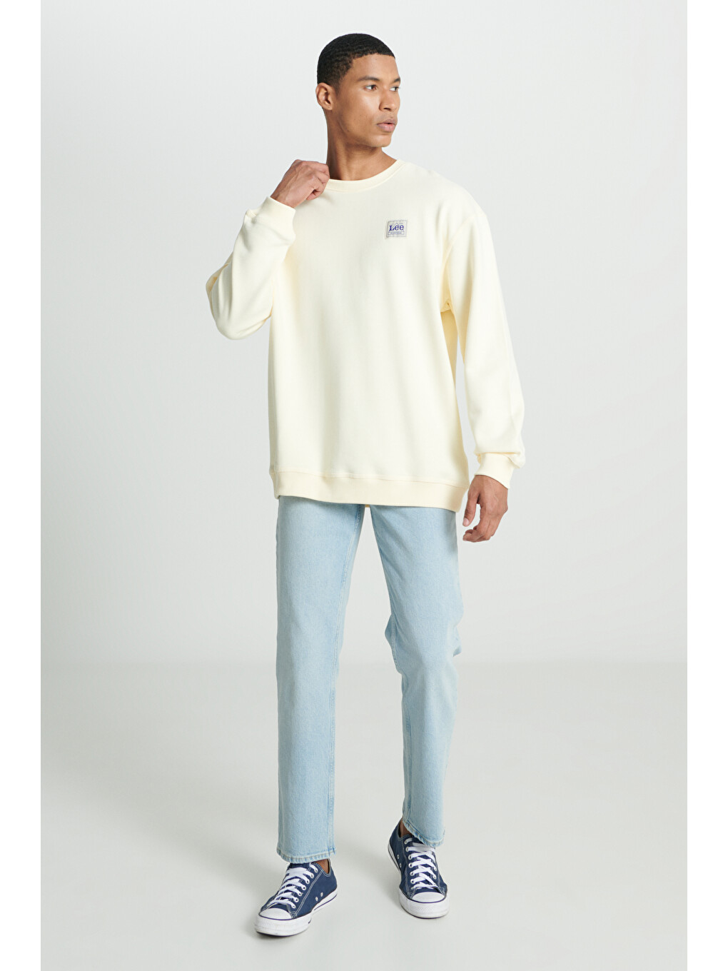 Relaxed Fit Rahat Kesim %100 Pamuk Bisiklet Yaka Şardonlu Ekru Sweatshirt-2
