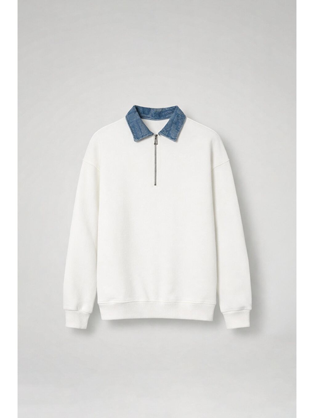 Erkek Denim Polo Yaka Yarım Fermuarlı Oversize Sweatshirt Beyaz