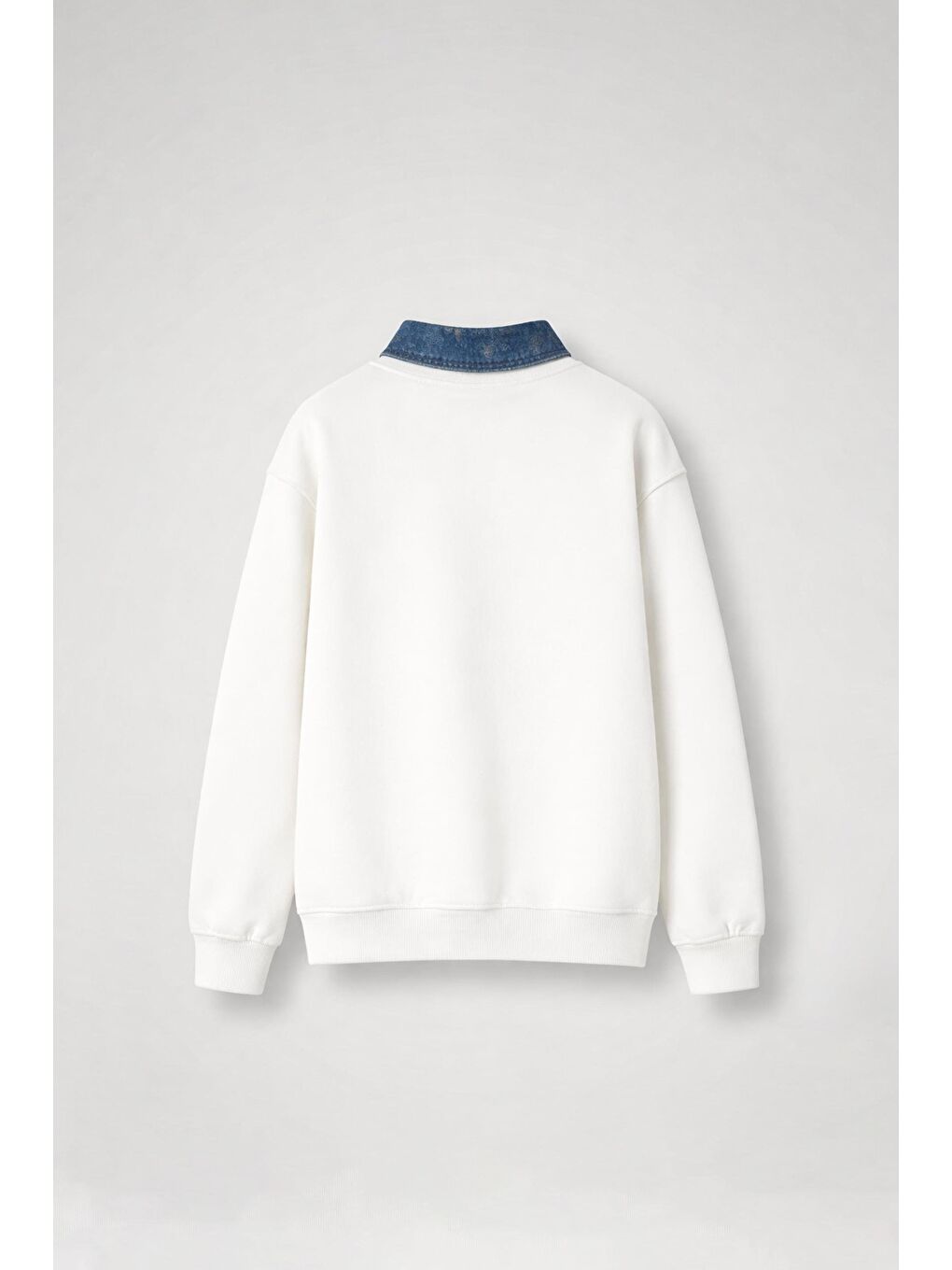 Erkek Denim Polo Yaka Yarım Fermuarlı Oversize Sweatshirt Beyaz-1
