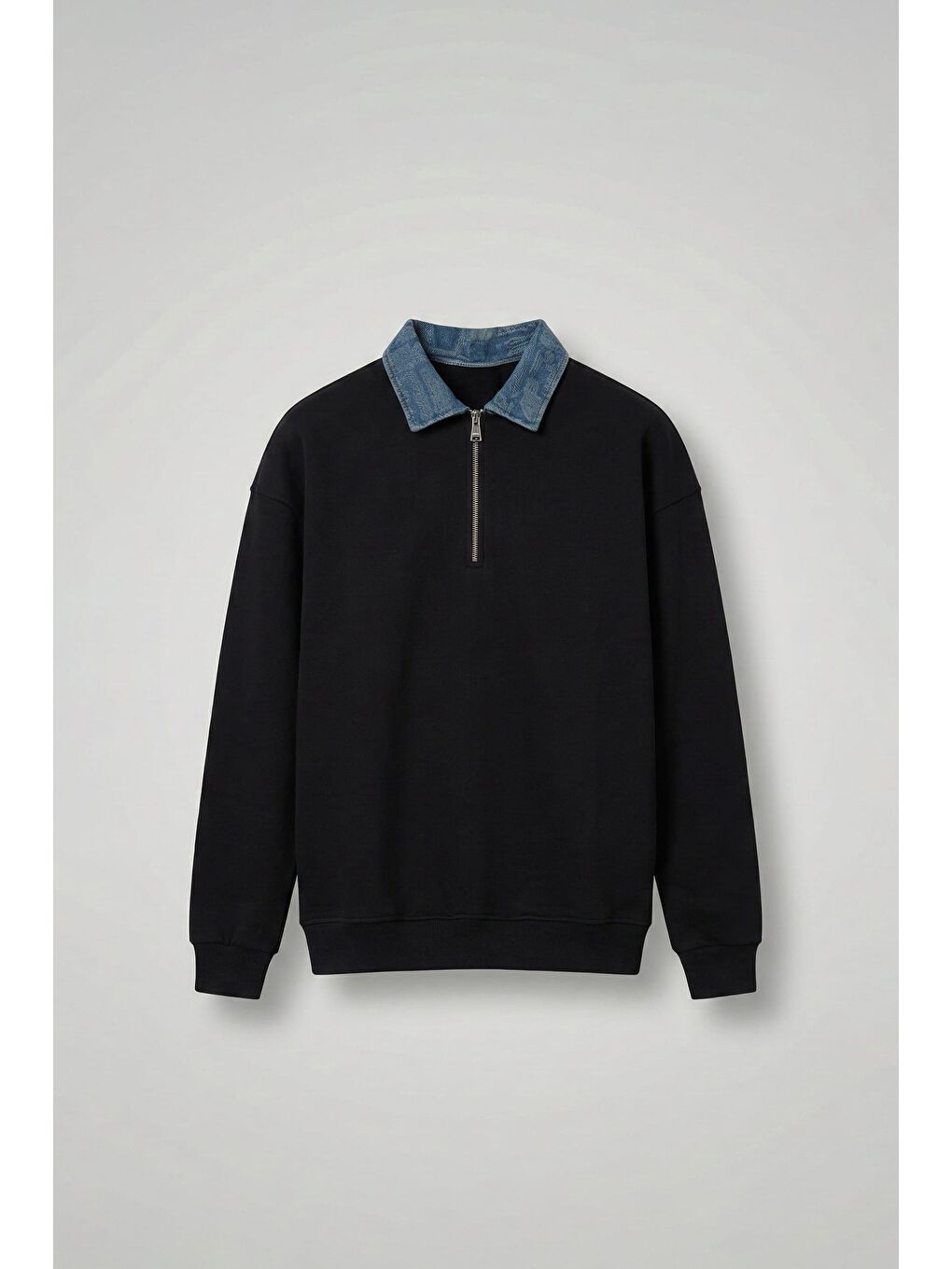 Erkek Denim Polo Yaka Yarım Fermuarlı Oversize Sweatshirt Siyah